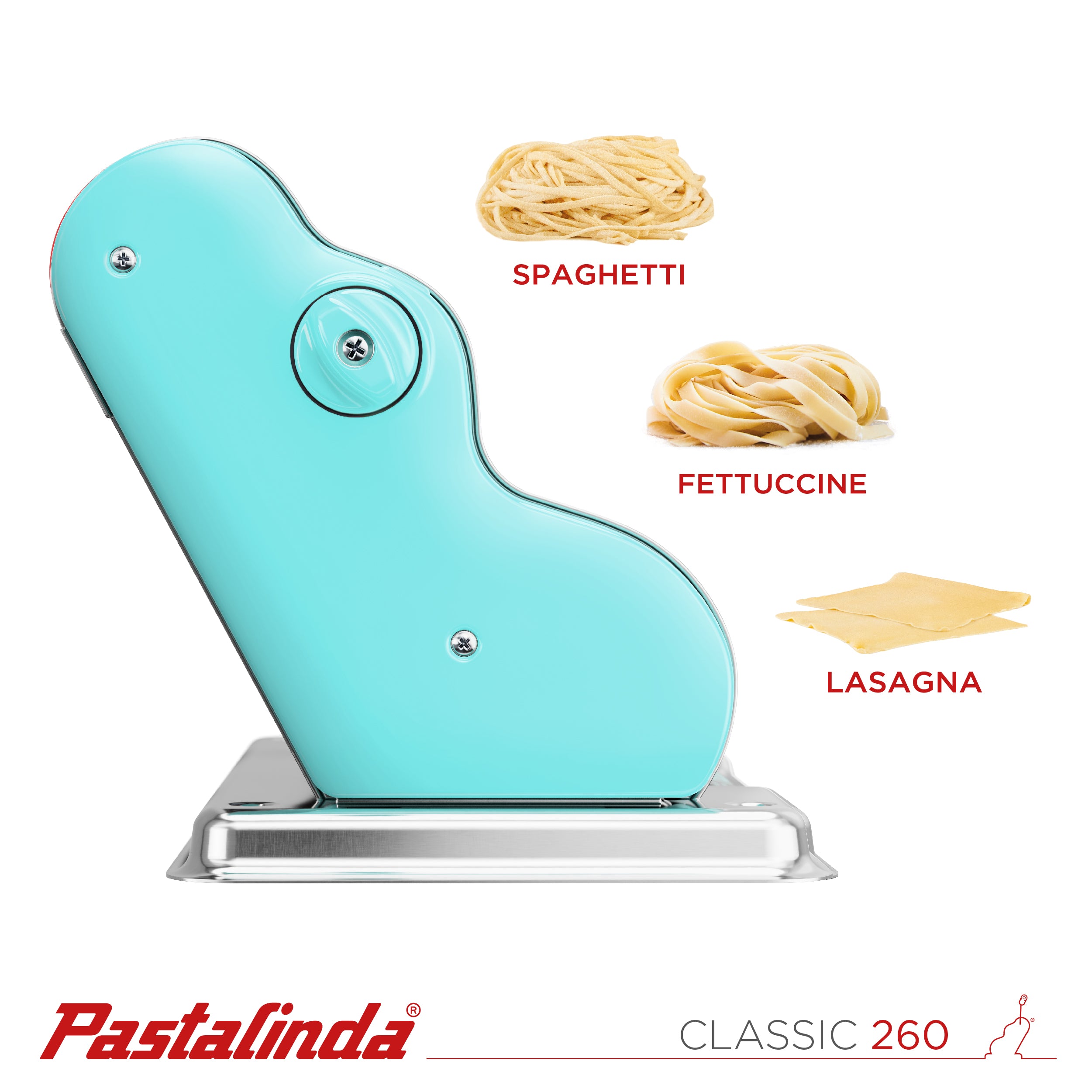 Pastalinda Classic 260 Light Blue Pasta Maker Machine With Hand Crank And Two Clamps - Pastalinda