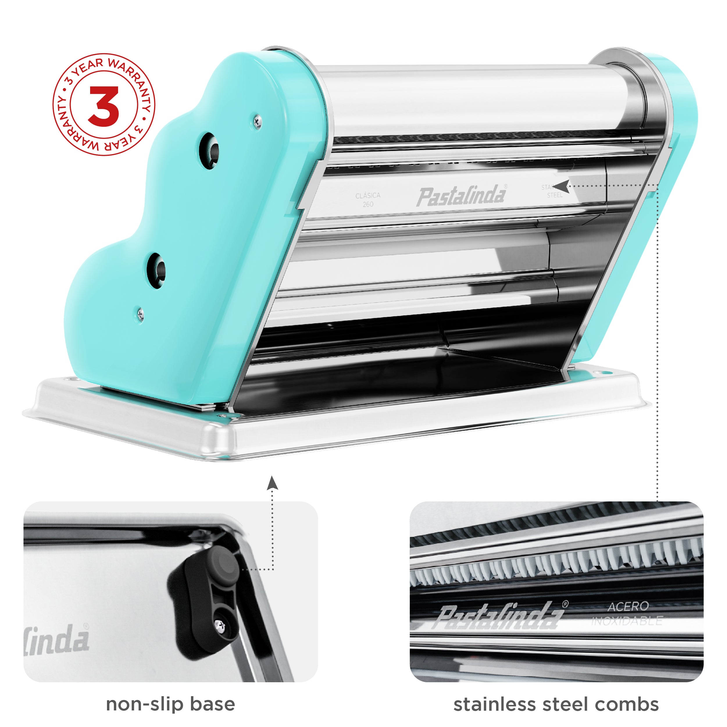 Pastalinda Classic 260 Light Blue Pasta Maker Machine With Hand Crank And Two Clamps - Pastalinda