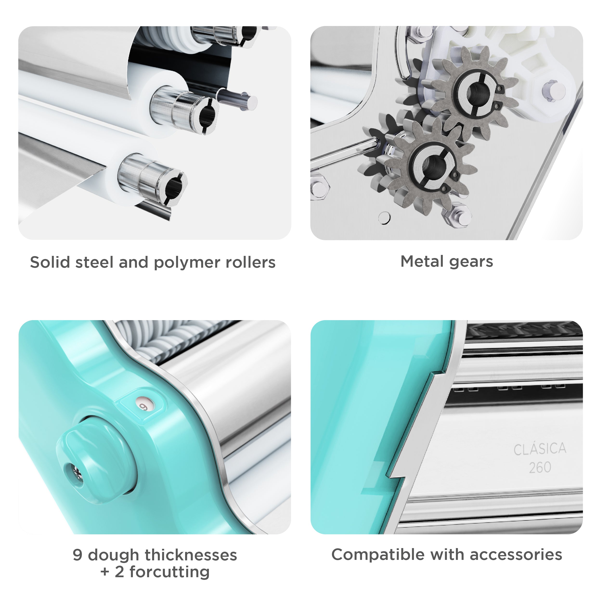 Pastalinda Classic 260 Light Blue Pasta Maker Machine With Hand Crank And Two Clamps - Pastalinda