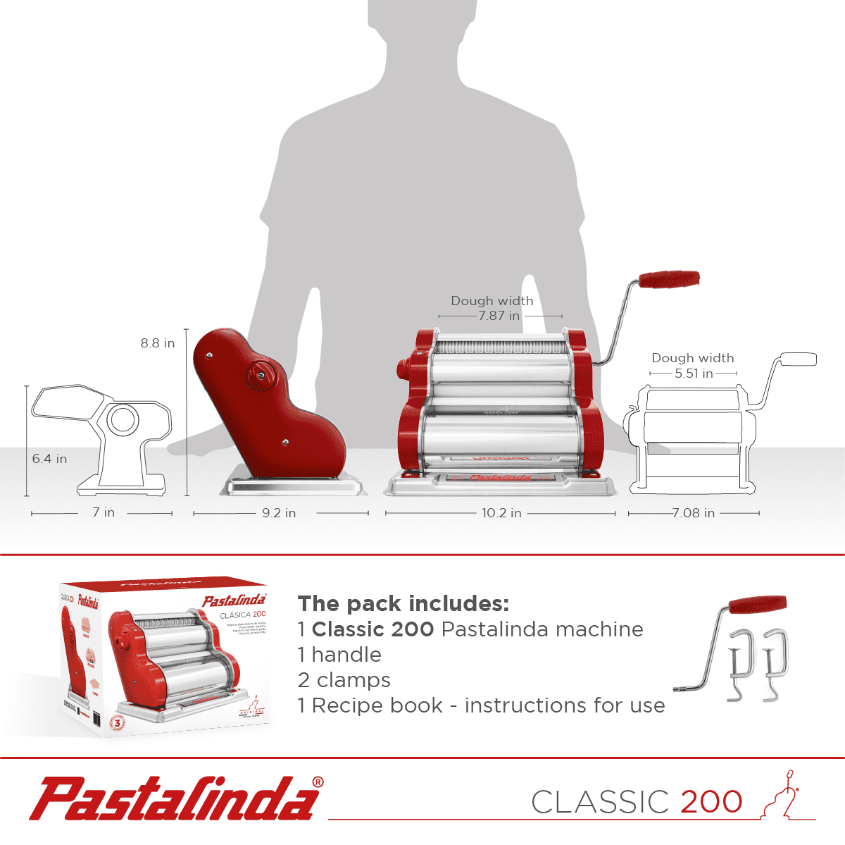 Pastalinda Classic 200 Bordeaux Pasta Maker Machine With Hand Crank And Two Clamps - Pastalinda
