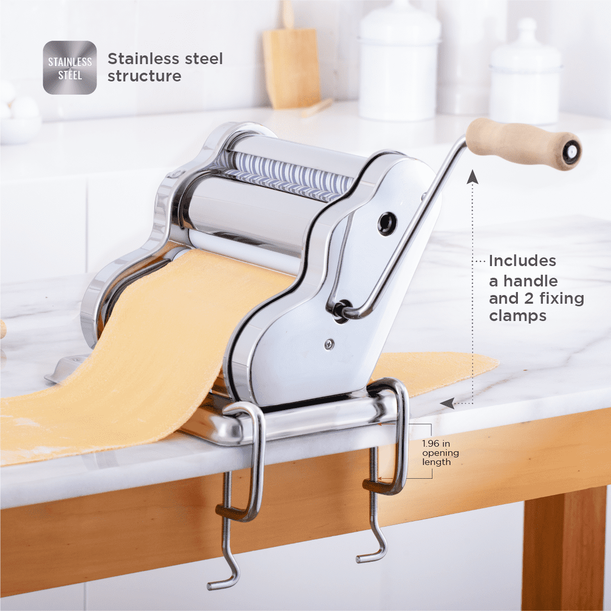 Pastalinda Classic 200 Chrome Pasta Maker Machine With Hand Crank And Two Clamps - Pastalinda