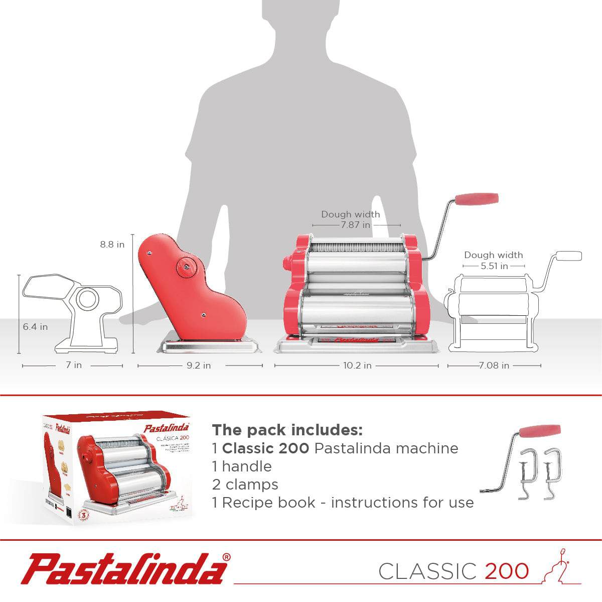 Pastalinda Classic 200 Coral Pasta Maker Machine With Hand Crank And Two Clamps - Pastalinda