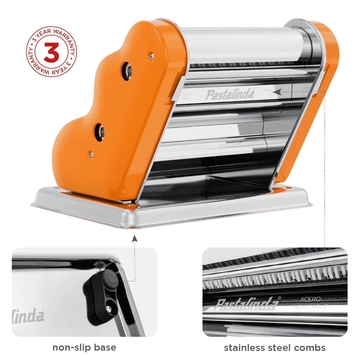 Pastalinda Classic 200 Orange Pasta Maker Machine With Hand Crank And Two Clamps - Pastalinda