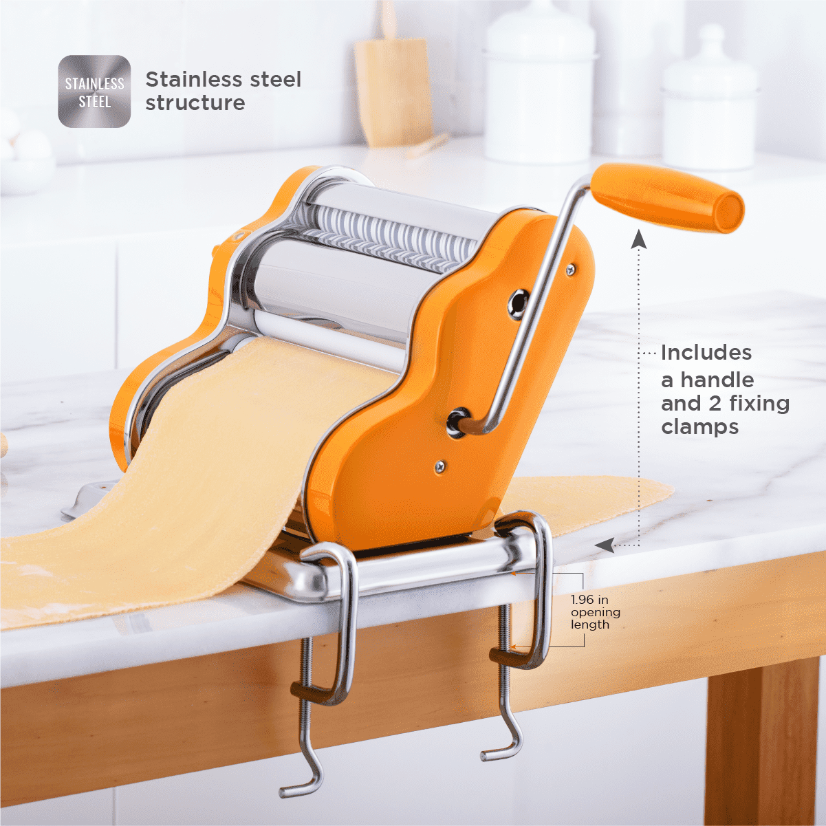 Pastalinda Classic 200 Orange Pasta Maker Machine With Hand Crank And Two Clamps - Pastalinda