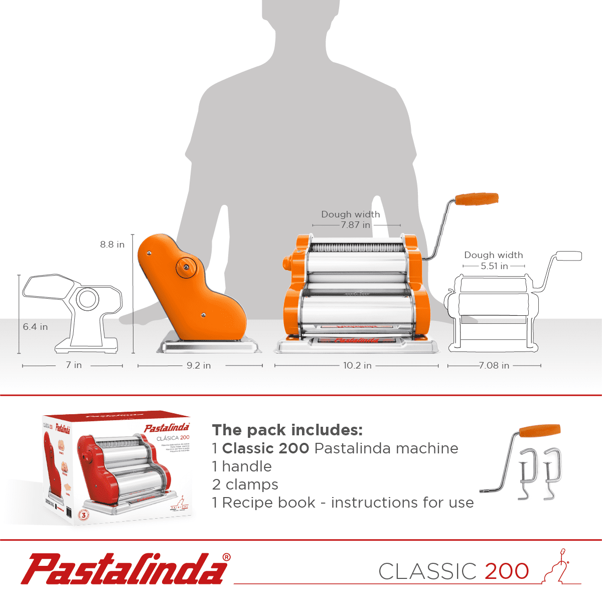 Pastalinda Classic 200 Orange Pasta Maker Machine With Hand Crank And Two Clamps - Pastalinda
