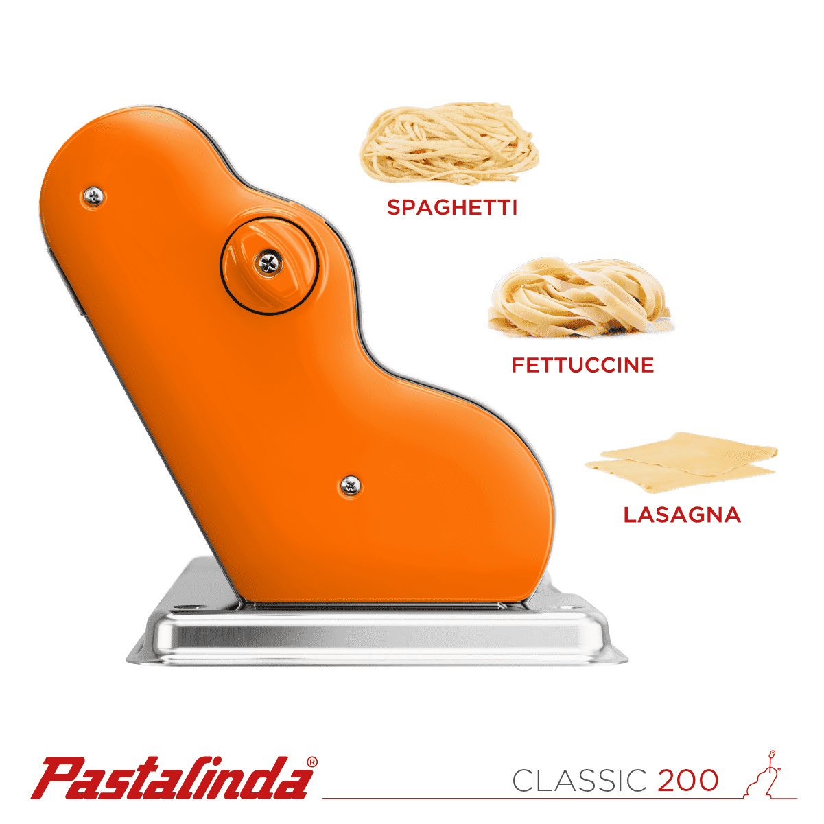 Pastalinda Classic 200 Orange Pasta Maker Machine With Hand Crank And Two Clamps - Pastalinda