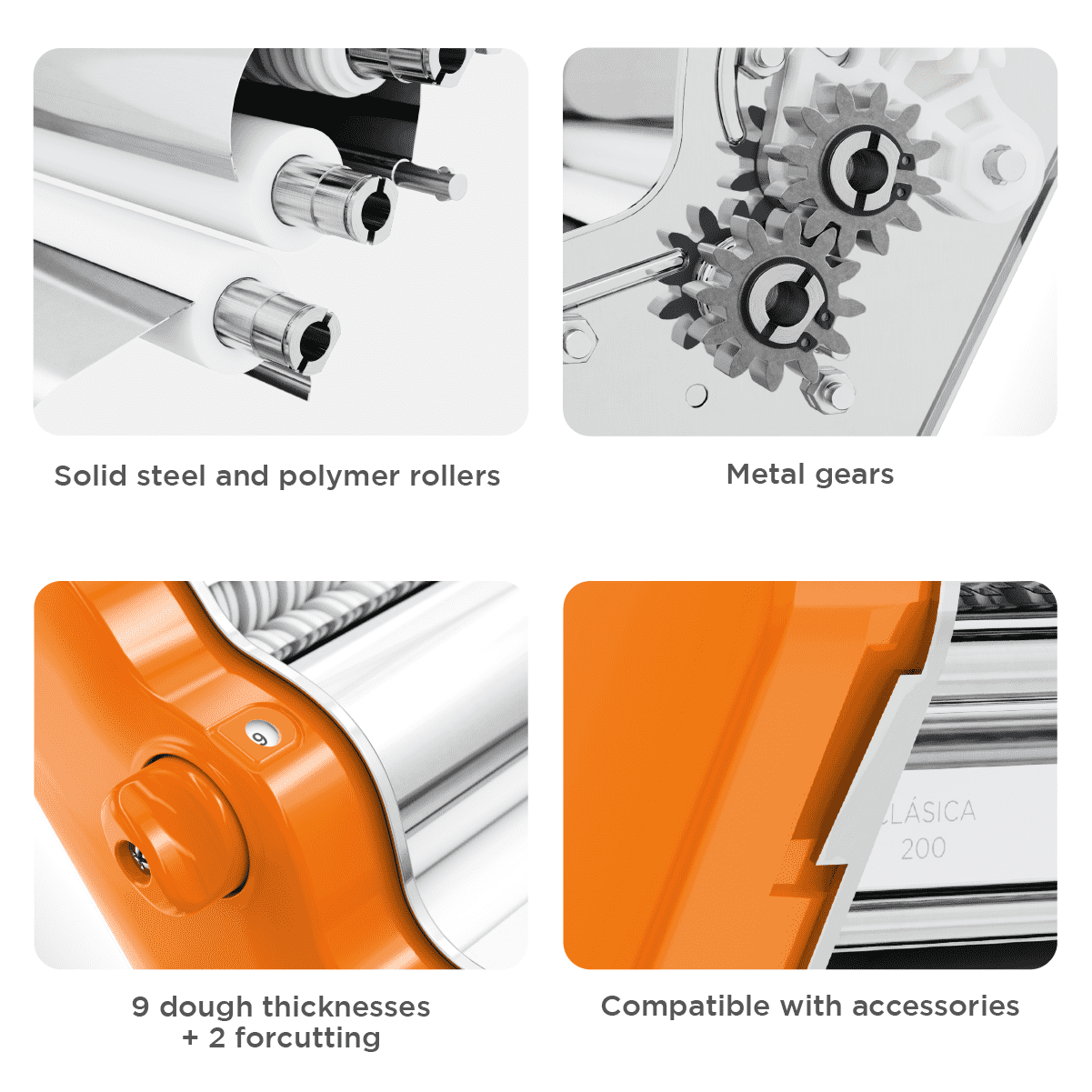 Pastalinda Classic 200 Orange Pasta Maker Machine With Hand Crank And Two Clamps - Pastalinda