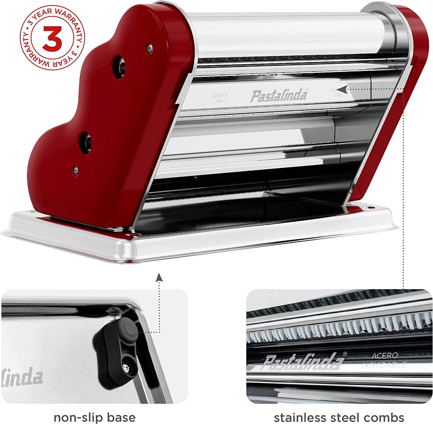 Pastalinda Classic 260 Bordeaux Pasta Maker Machine With Hand Crank And Two Clamps - Pastalinda