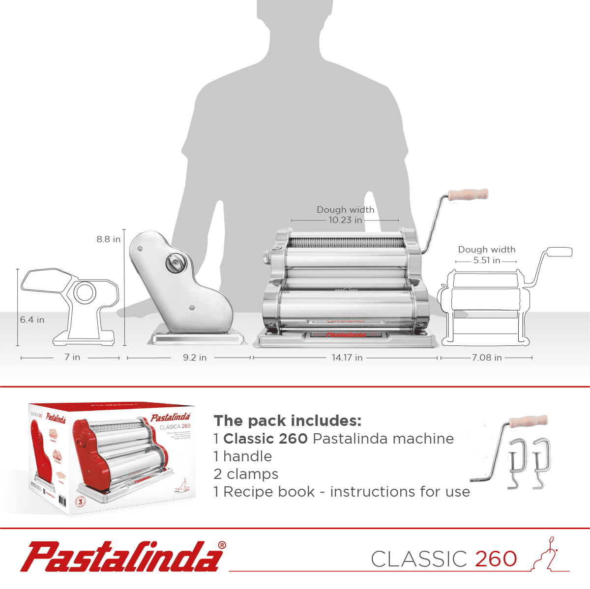 Pastalinda Classic 260 Chrome Pasta Maker Machine With Hand Crank And Two Clamps - Pastalinda