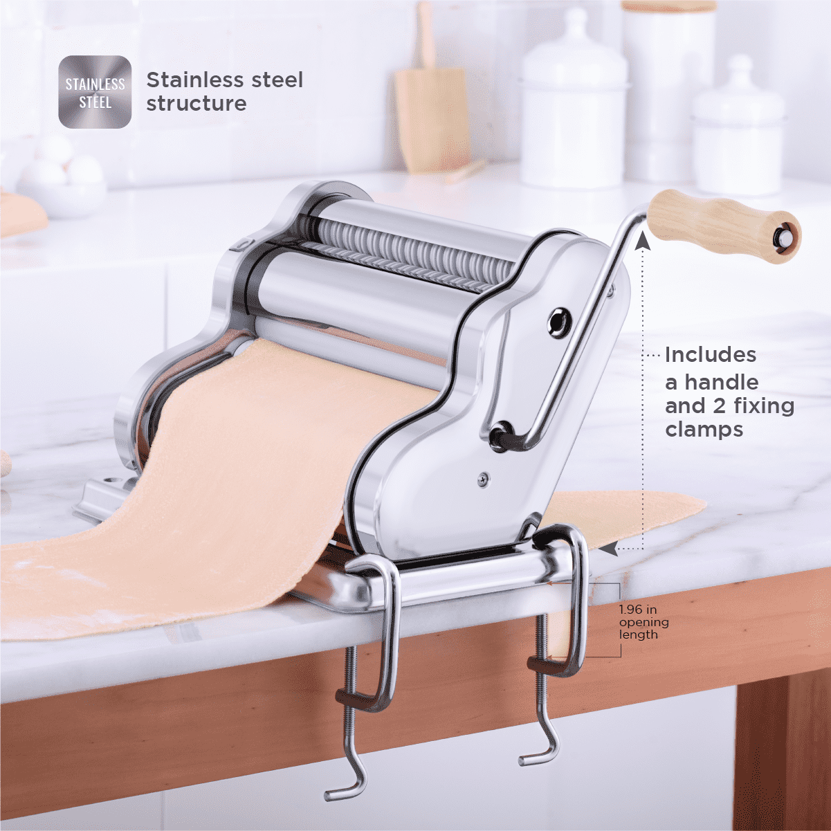 Pastalinda Classic 260 Chrome Pasta Maker Machine With Hand Crank And Two Clamps - Pastalinda