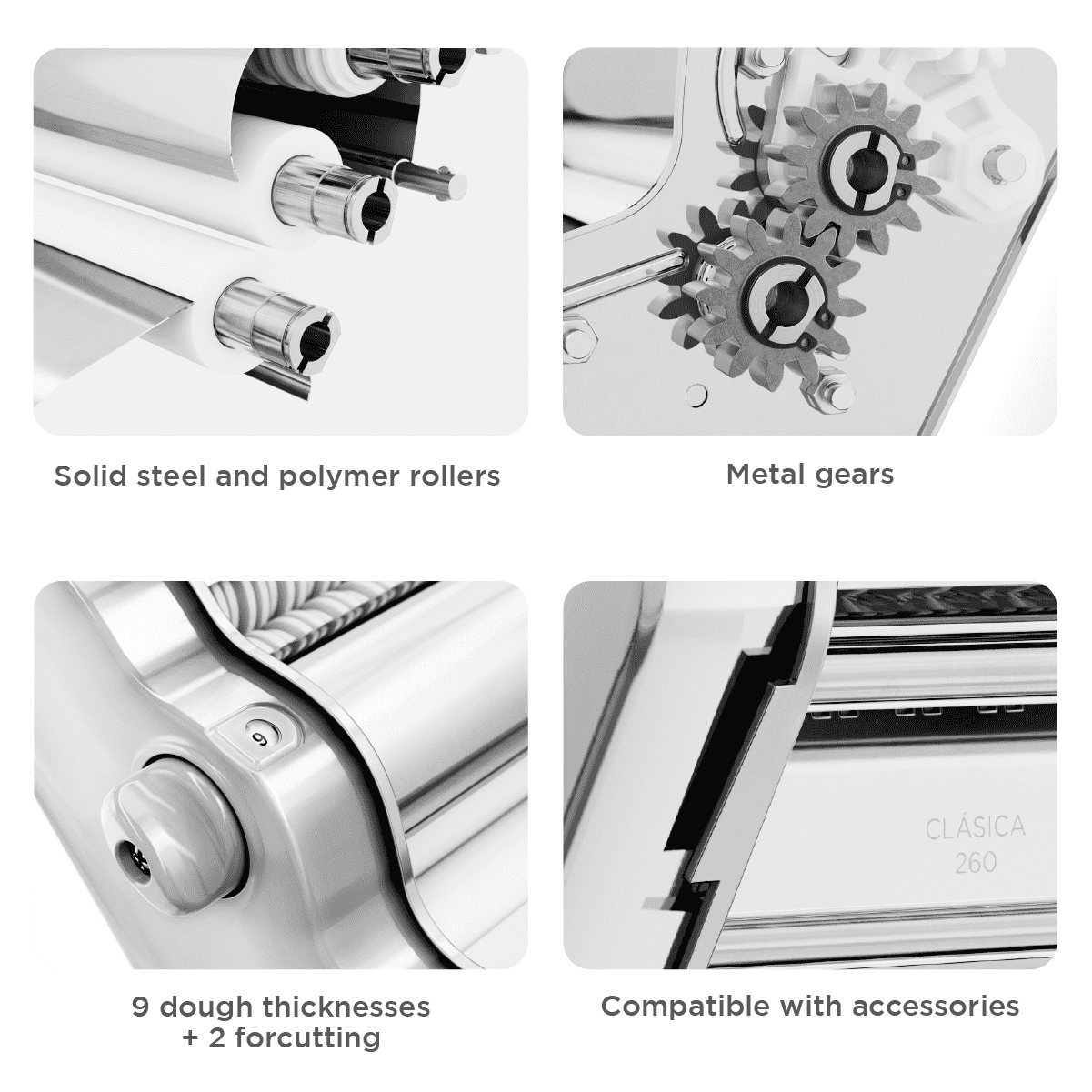 Pastalinda Classic 260 Chrome Pasta Maker Machine With Hand Crank And Two Clamps - Pastalinda