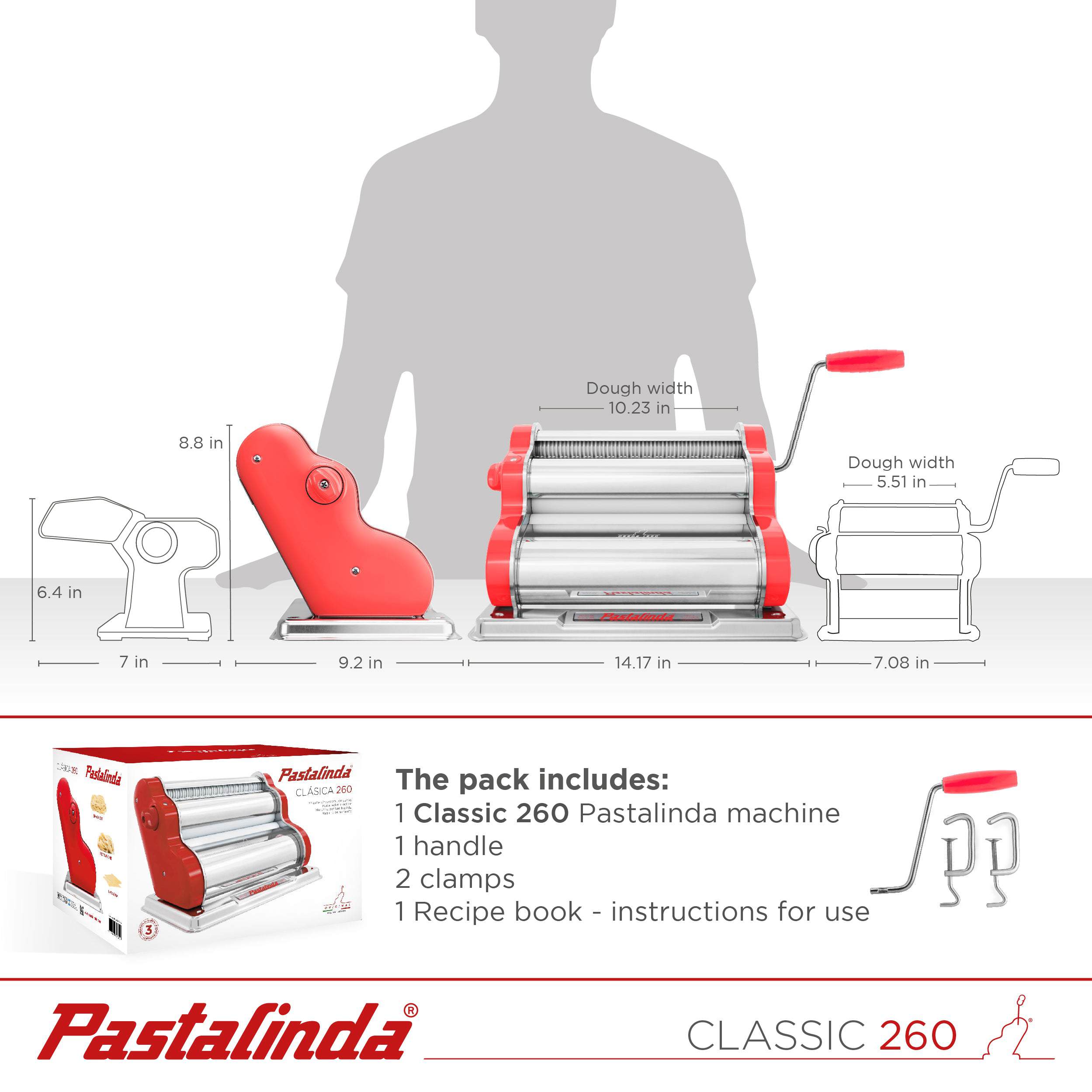 Pastalinda Classic 260 Coral Pasta Maker Machine With Hand Crank And Two Clamps - Pastalinda
