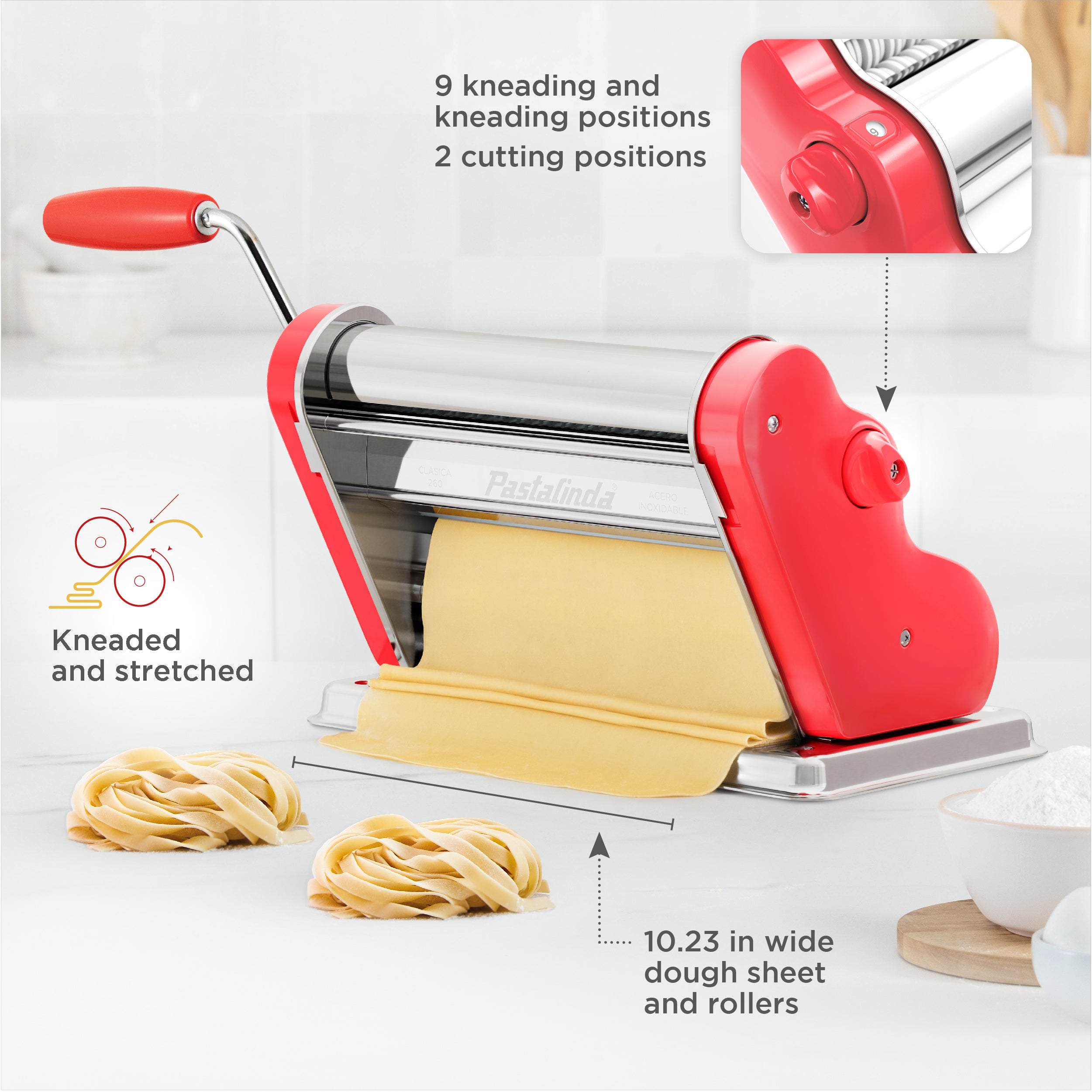 Pastalinda Classic 260 Coral Pasta Maker Machine With Hand Crank And Two Clamps - Pastalinda