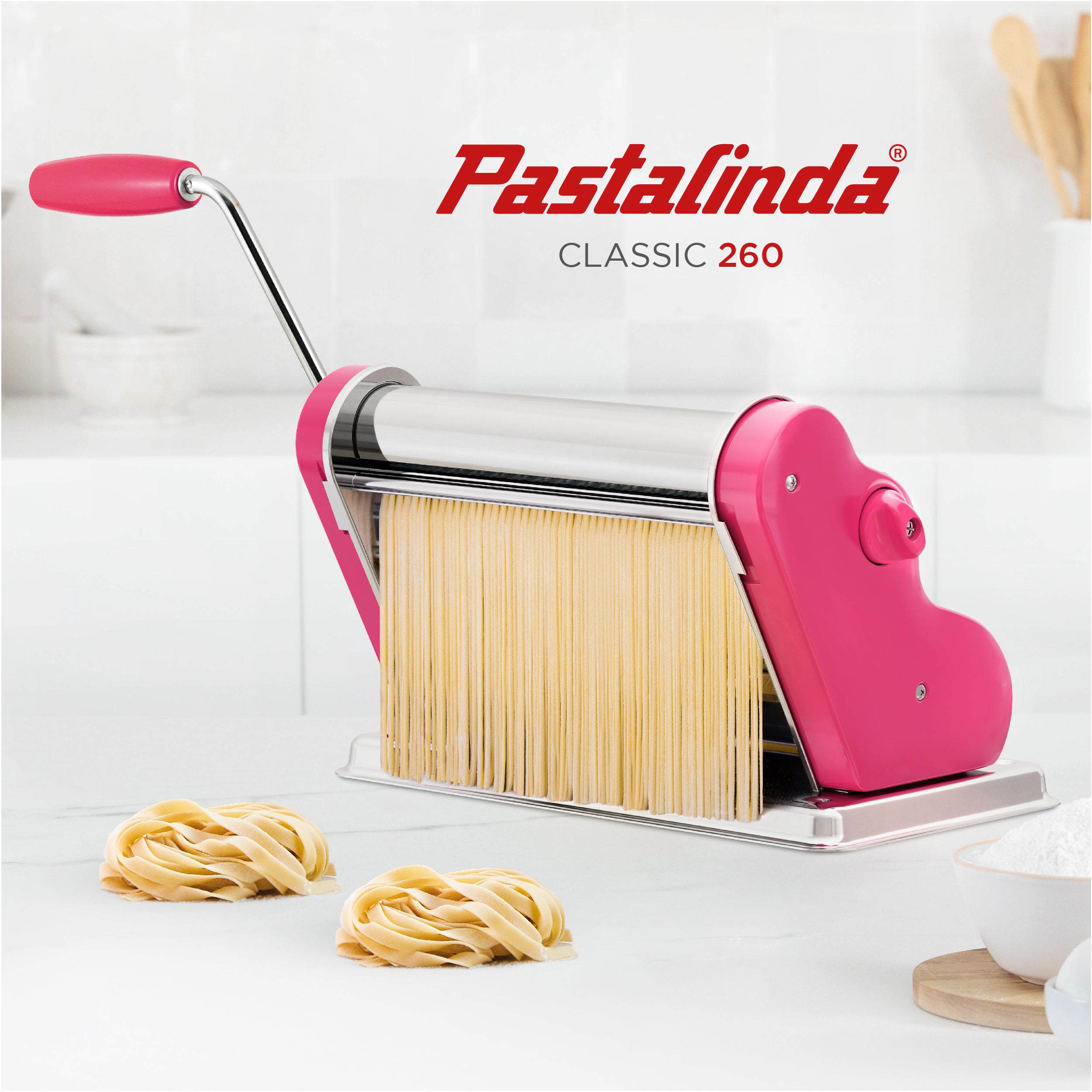 Pastalinda Classic 260 Fuchsia Pasta Maker Machine With Hand Crank And Two Clamps - Pastalinda
