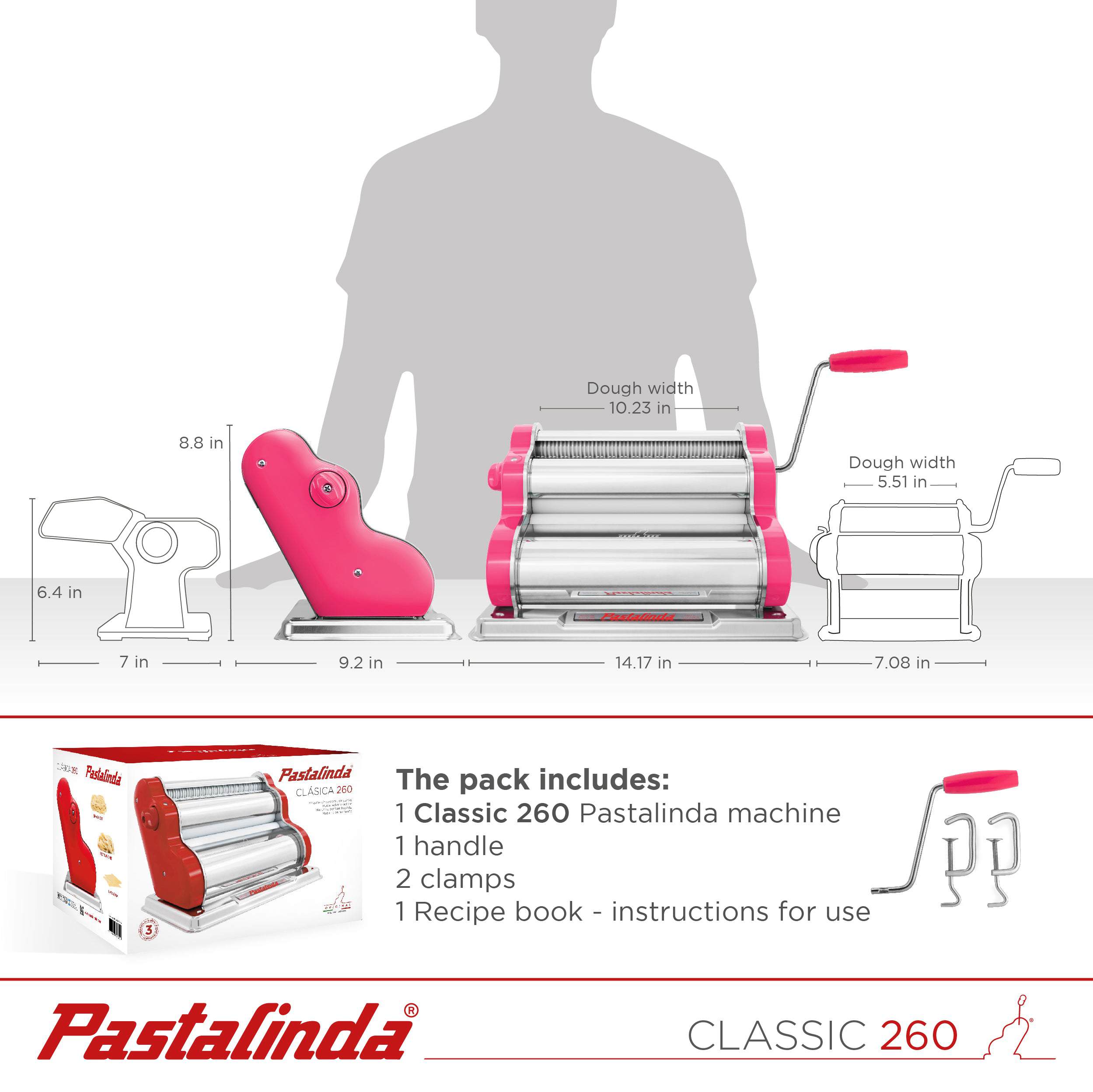 Pastalinda Classic 260 Fuchsia Pasta Maker Machine With Hand Crank And Two Clamps - Pastalinda