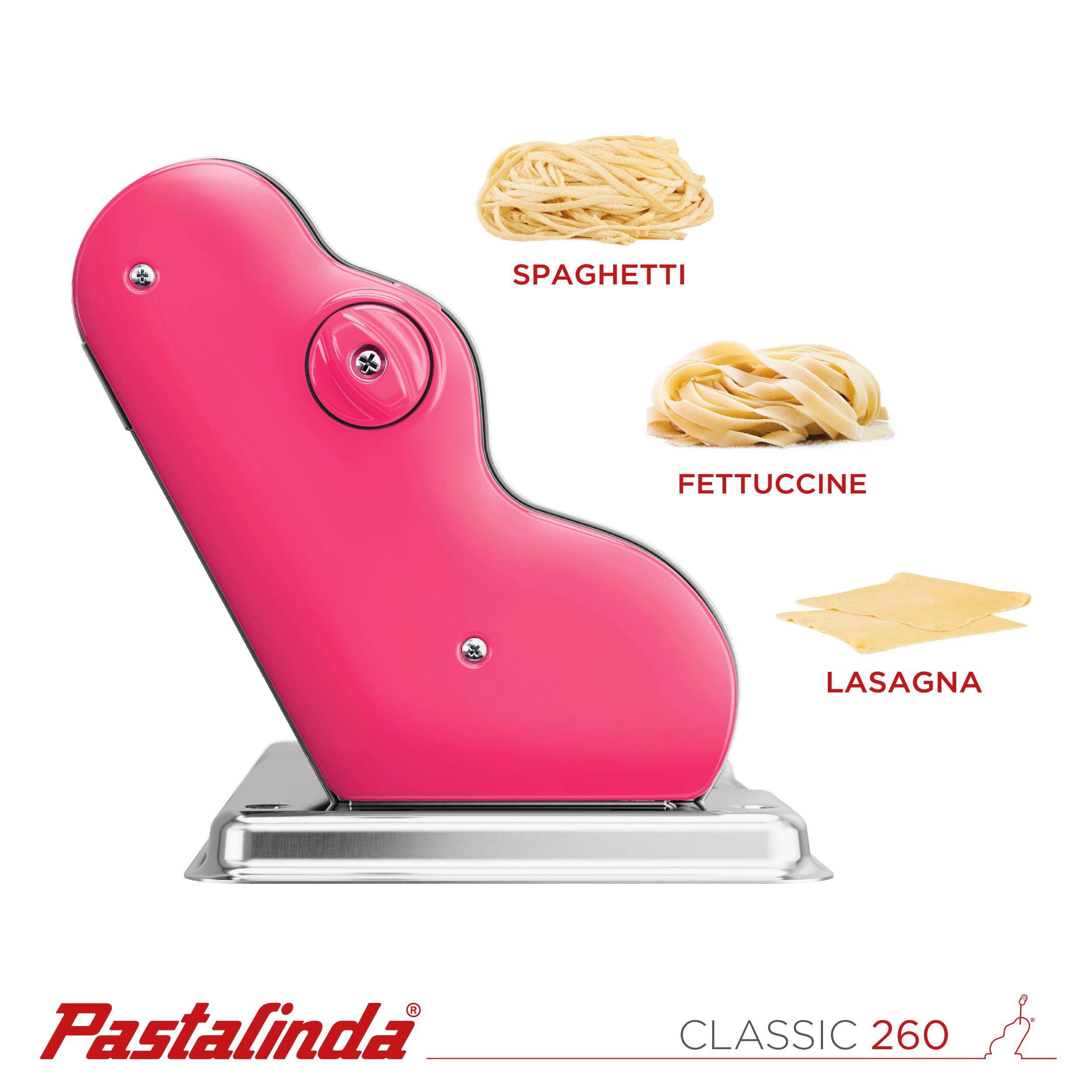 Pastalinda Classic 260 Fuchsia Pasta Maker Machine With Hand Crank And Two Clamps - Pastalinda