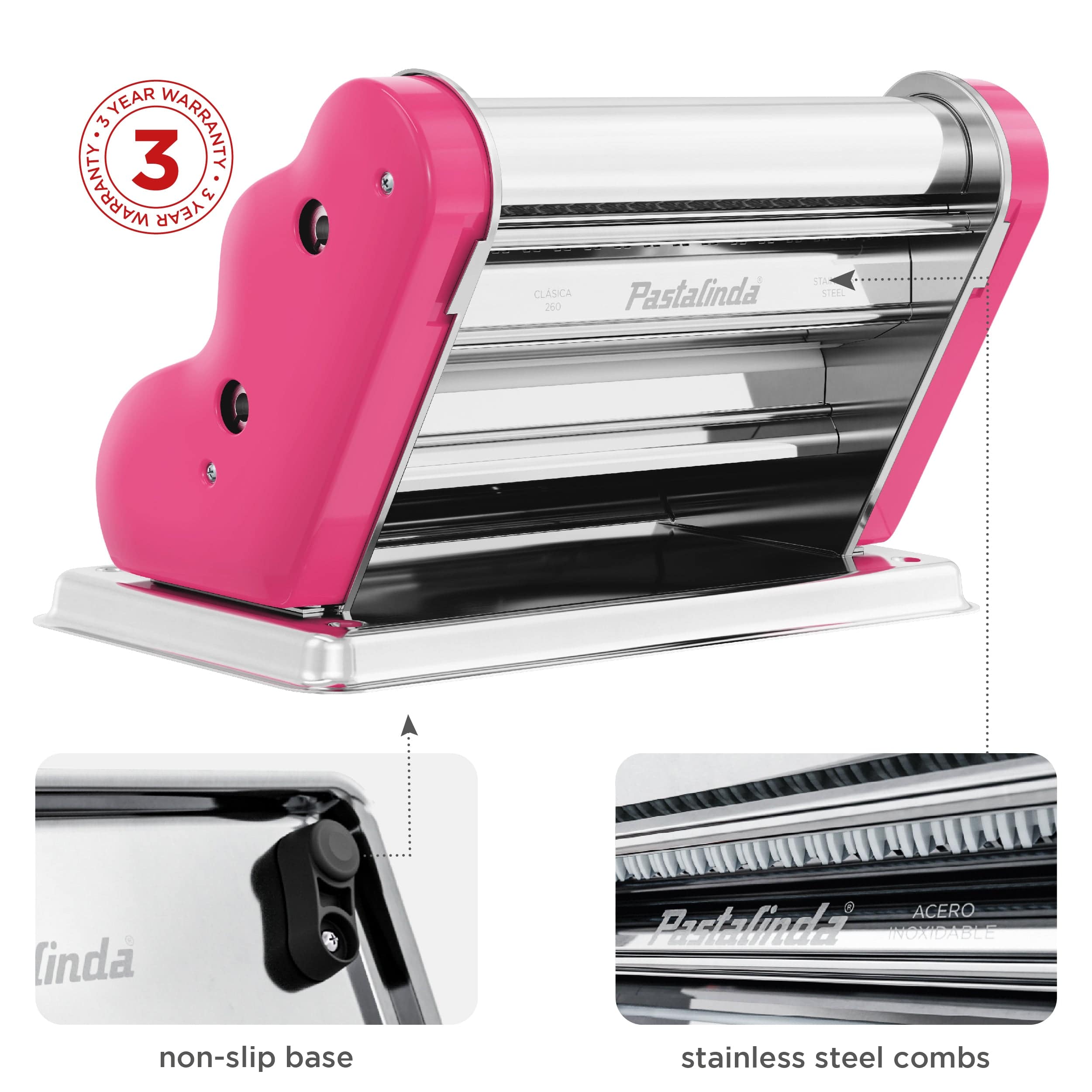 Pastalinda Classic 260 Fuchsia Pasta Maker Machine With Hand Crank And Two Clamps - Pastalinda