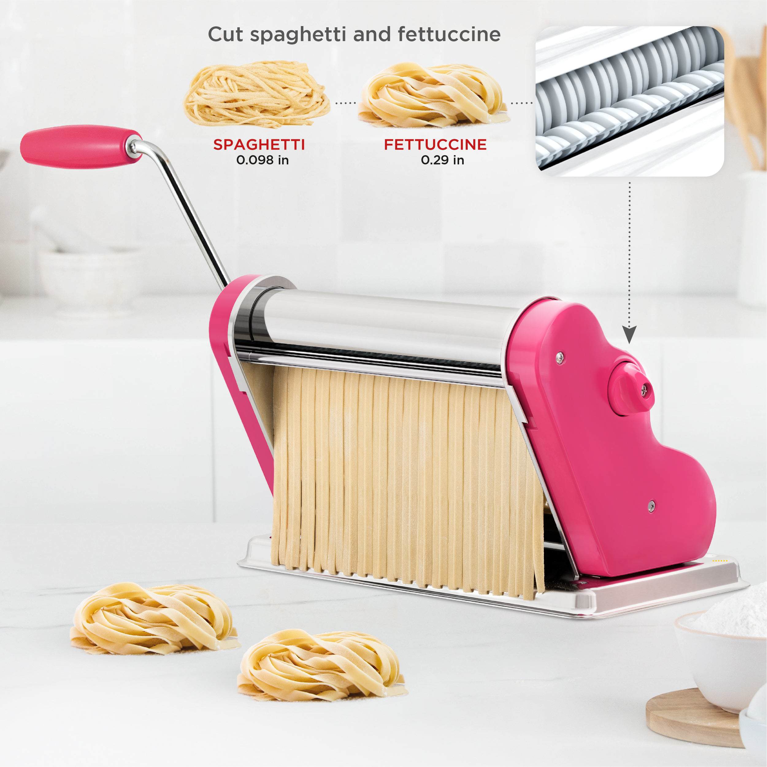 Pastalinda Classic 260 Fuchsia Pasta Maker Machine With Hand Crank And Two Clamps - Pastalinda