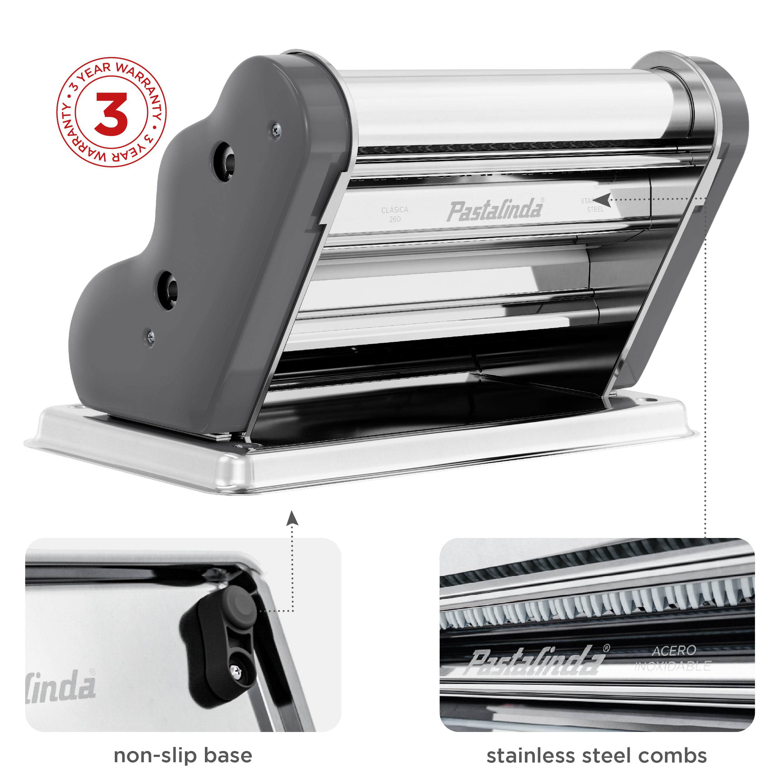 Pastalinda Classic 260 Gray Pasta Maker Machine With Hand Crank And Two Clamps - Pastalinda