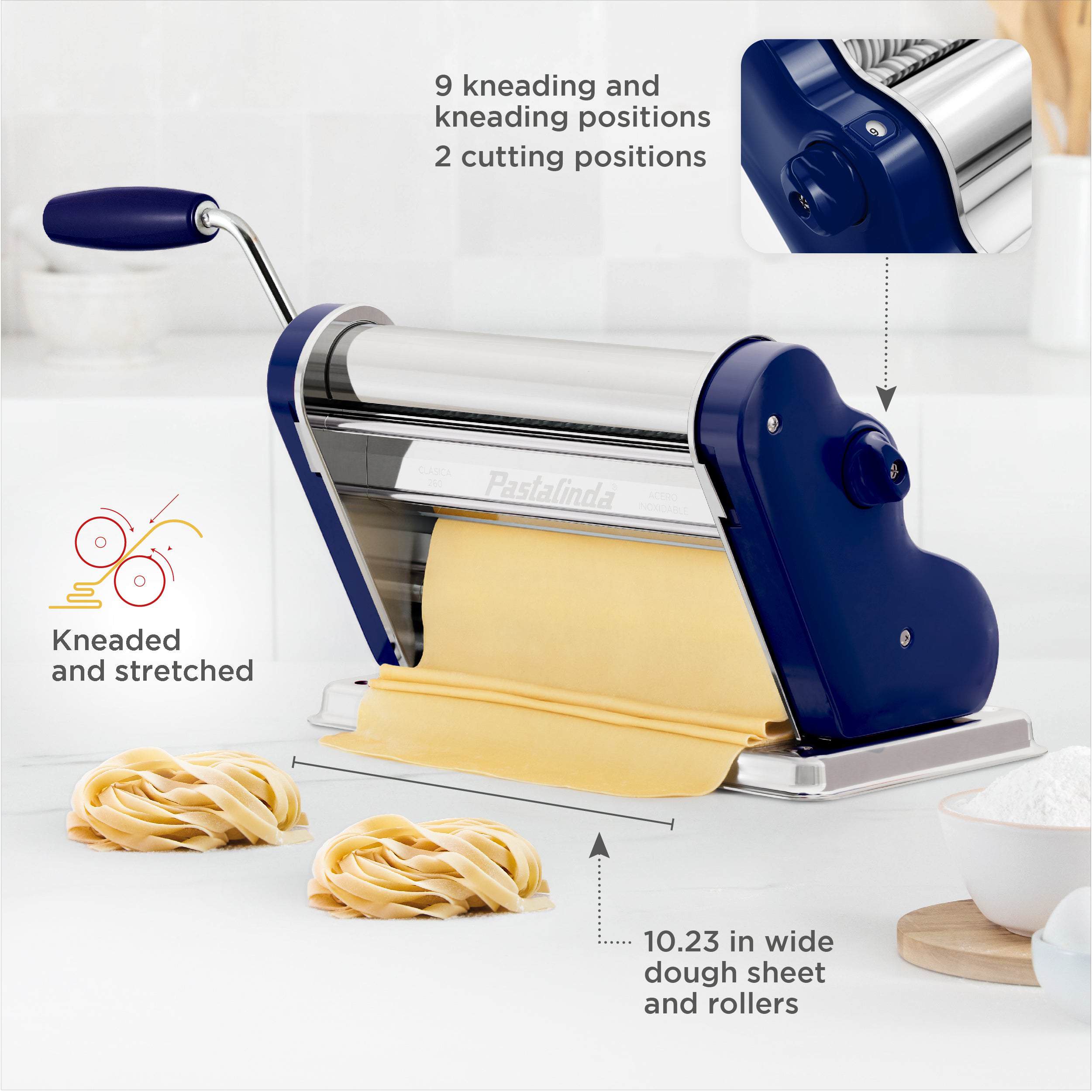 Pastalinda Classic 260 Navy Blue Pasta Maker Machine With Hand Crank And Two Clamps - Pastalinda