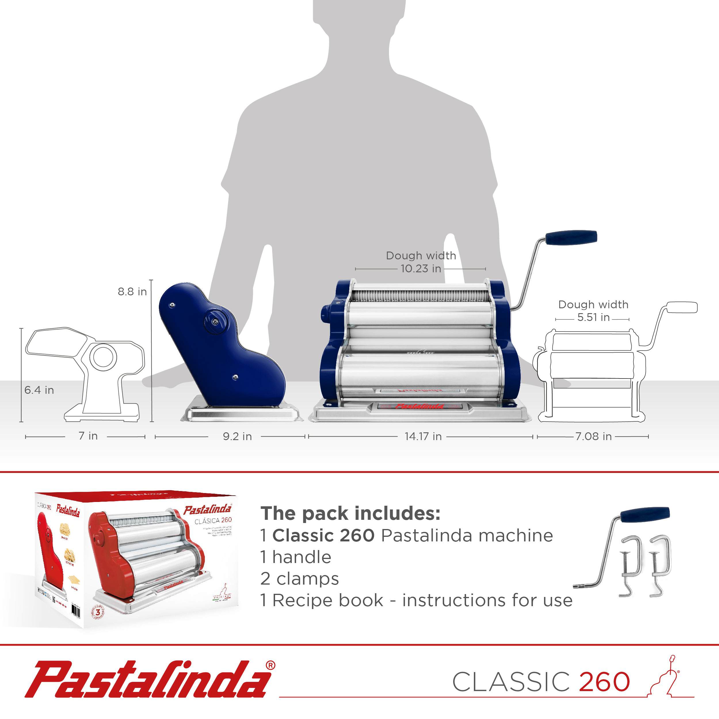 Pastalinda Classic 260 Navy Blue Pasta Maker Machine With Hand Crank And Two Clamps - Pastalinda