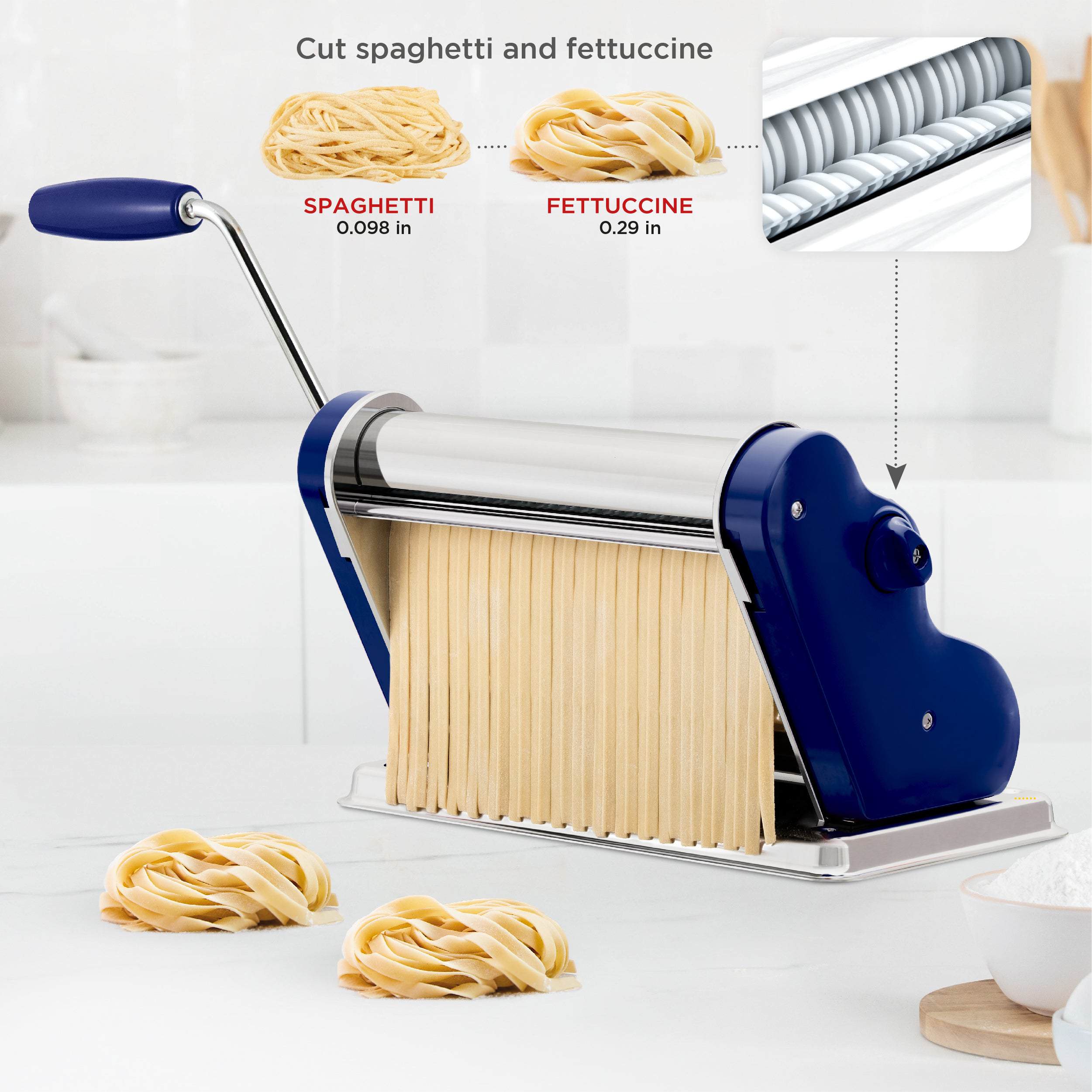 Pastalinda Classic 260 Navy Blue Pasta Maker Machine With Hand Crank And Two Clamps - Pastalinda
