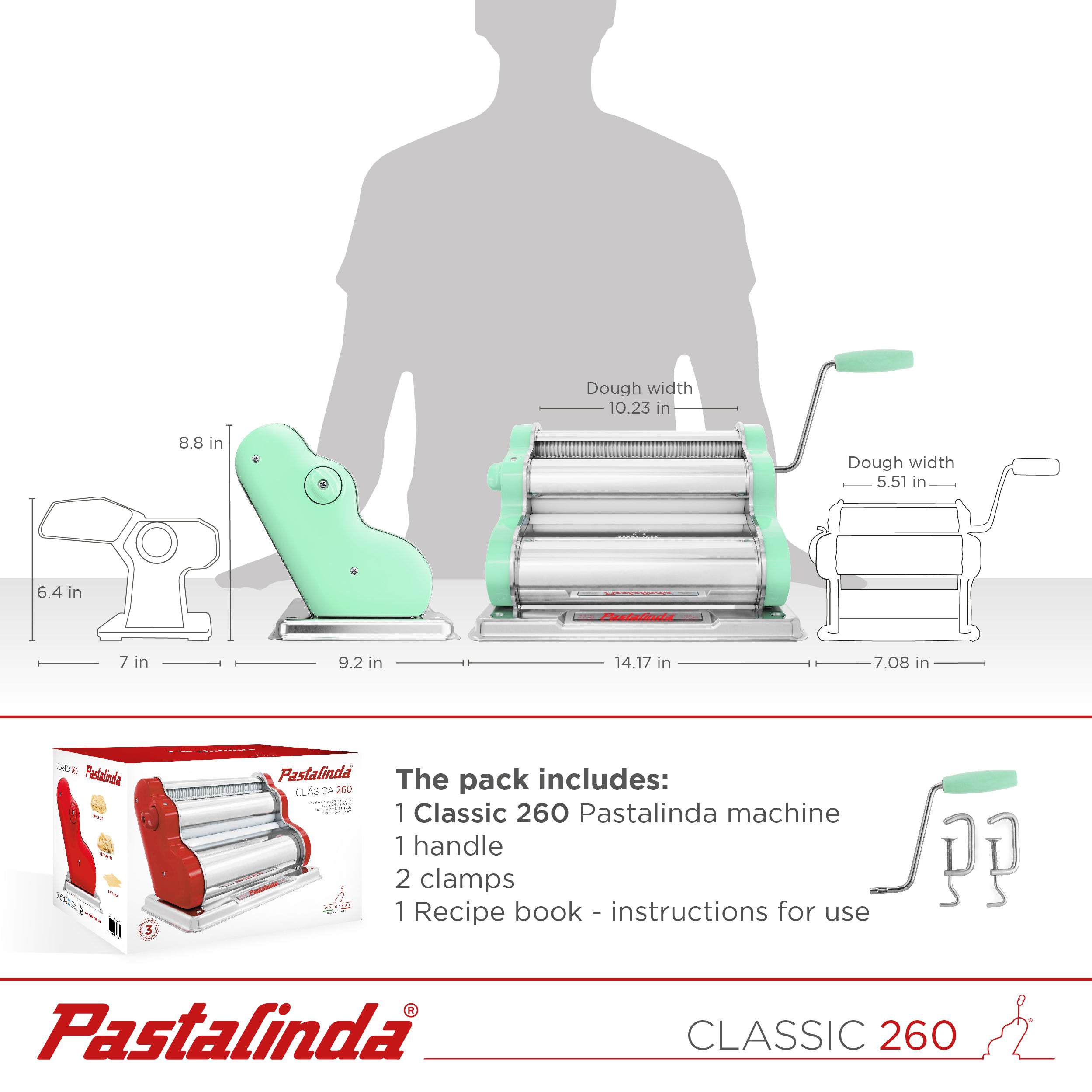 Pastalinda Classic 260 Pastel Green Pasta Maker Machine With Hand Crank And Two Clamps - Pastalinda