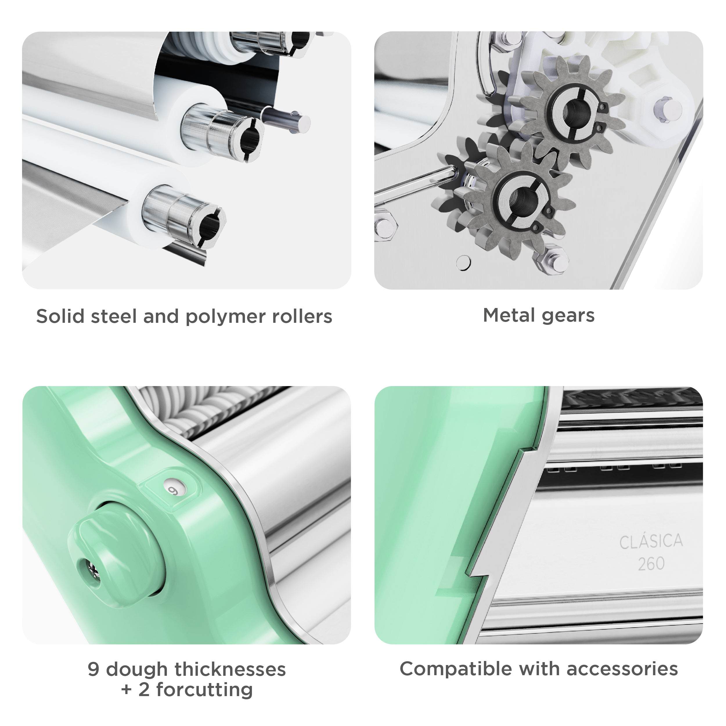 Pastalinda Classic 260 Pastel Green Pasta Maker Machine With Hand Crank And Two Clamps - Pastalinda