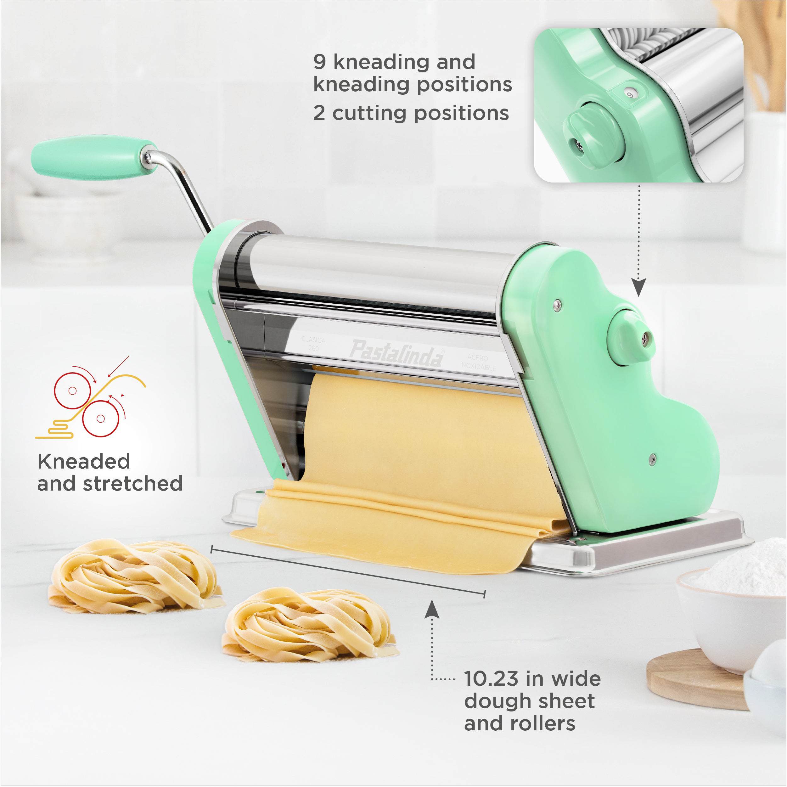 Pastalinda Classic 260 Pastel Green Pasta Maker Machine With Hand Crank And Two Clamps - Pastalinda