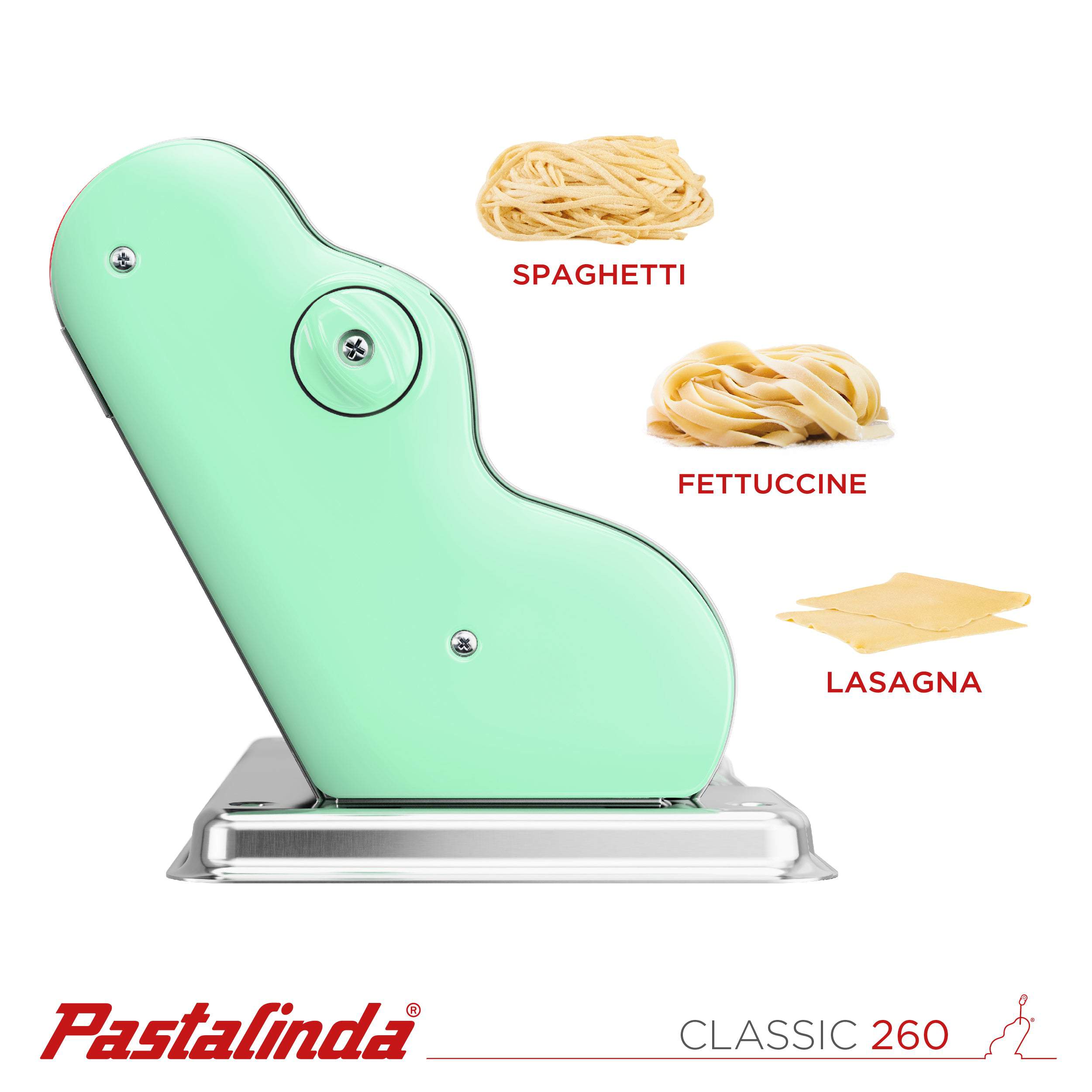 Pastalinda Classic 260 Pastel Green Pasta Maker Machine With Hand Crank And Two Clamps - Pastalinda