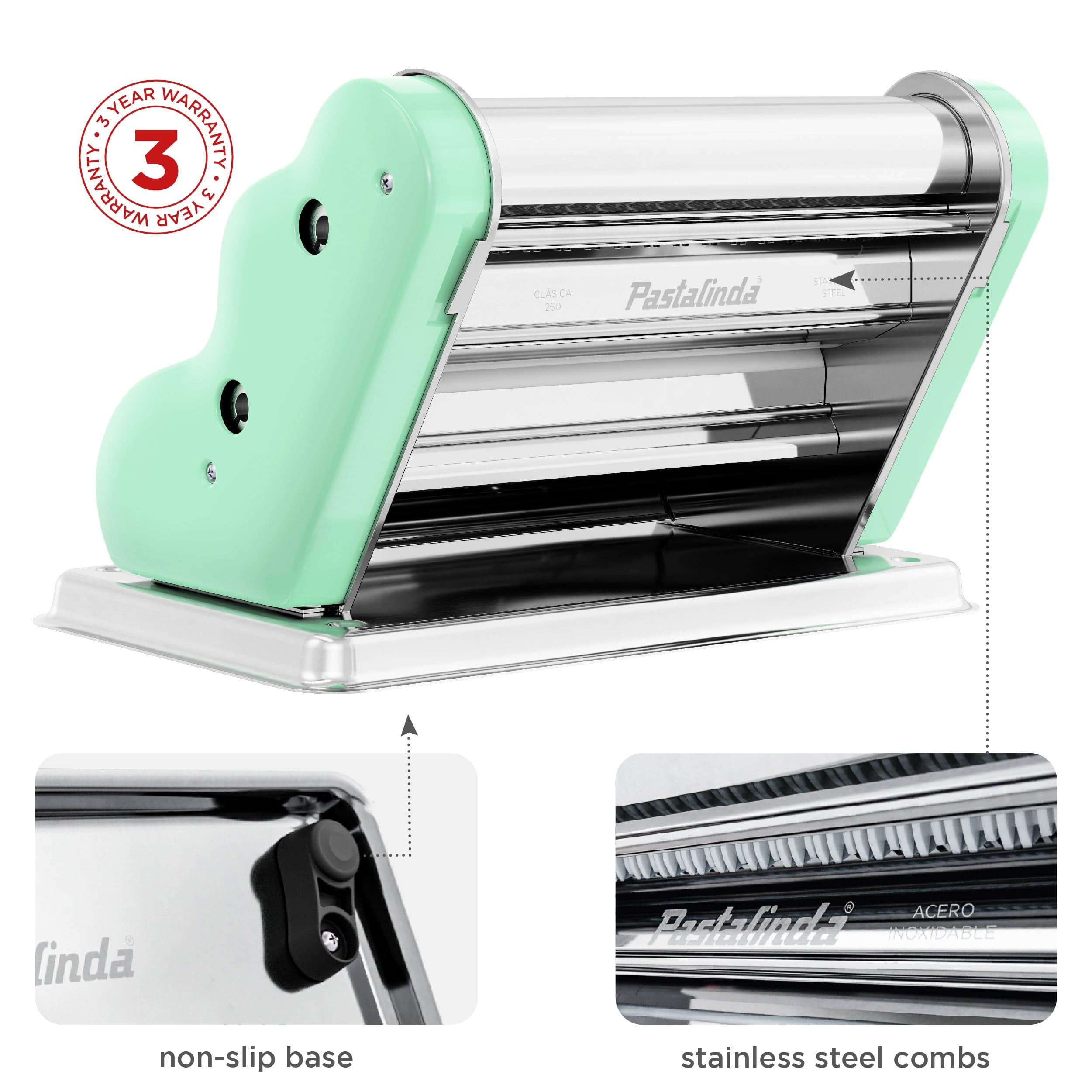 Pastalinda Classic 260 Pastel Green Pasta Maker Machine With Hand Crank And Two Clamps - Pastalinda