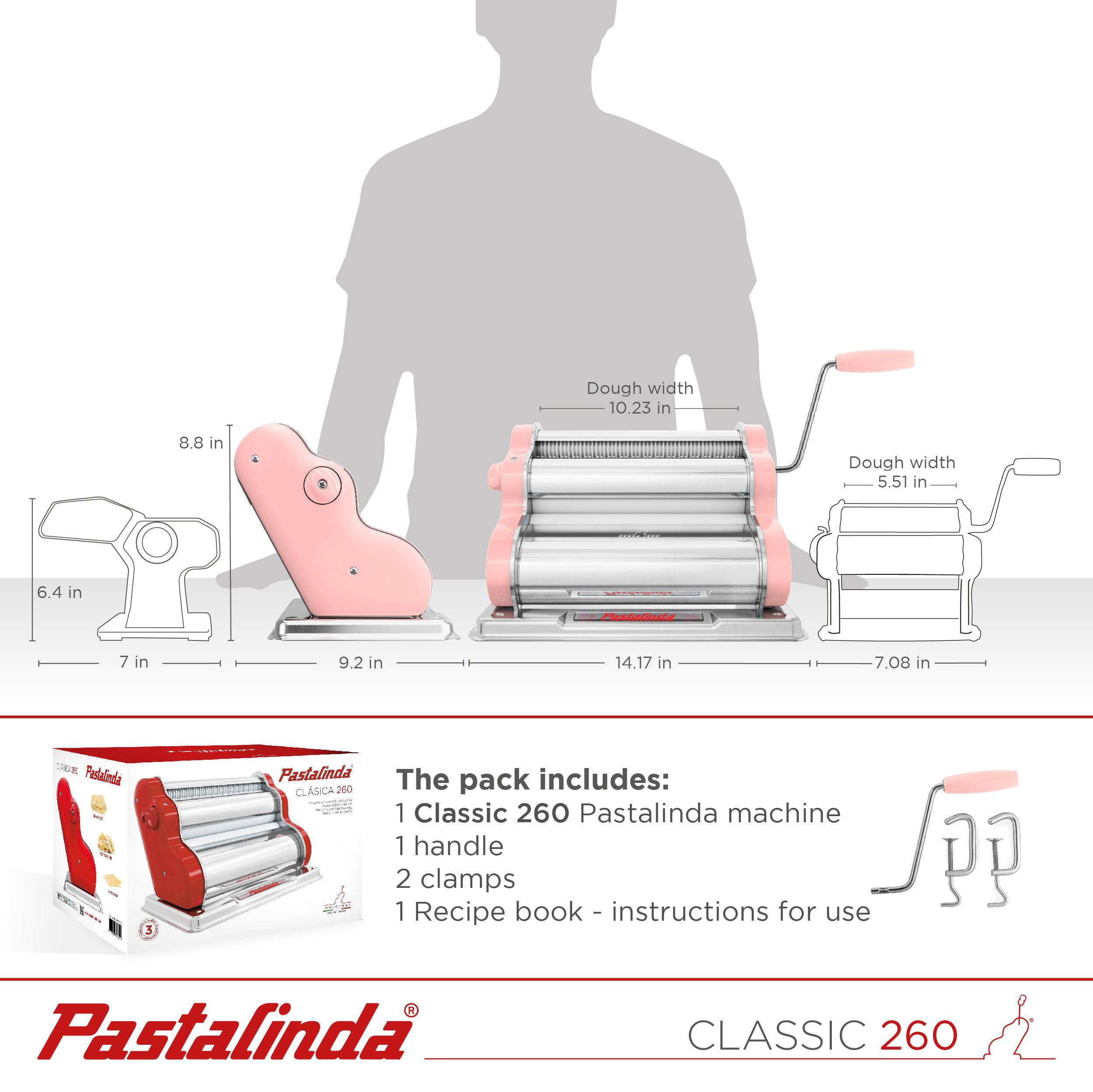 Pastalinda Classic 260 Pink Pasta Maker Machine With Hand Crank And Two Clamps - Pastalinda