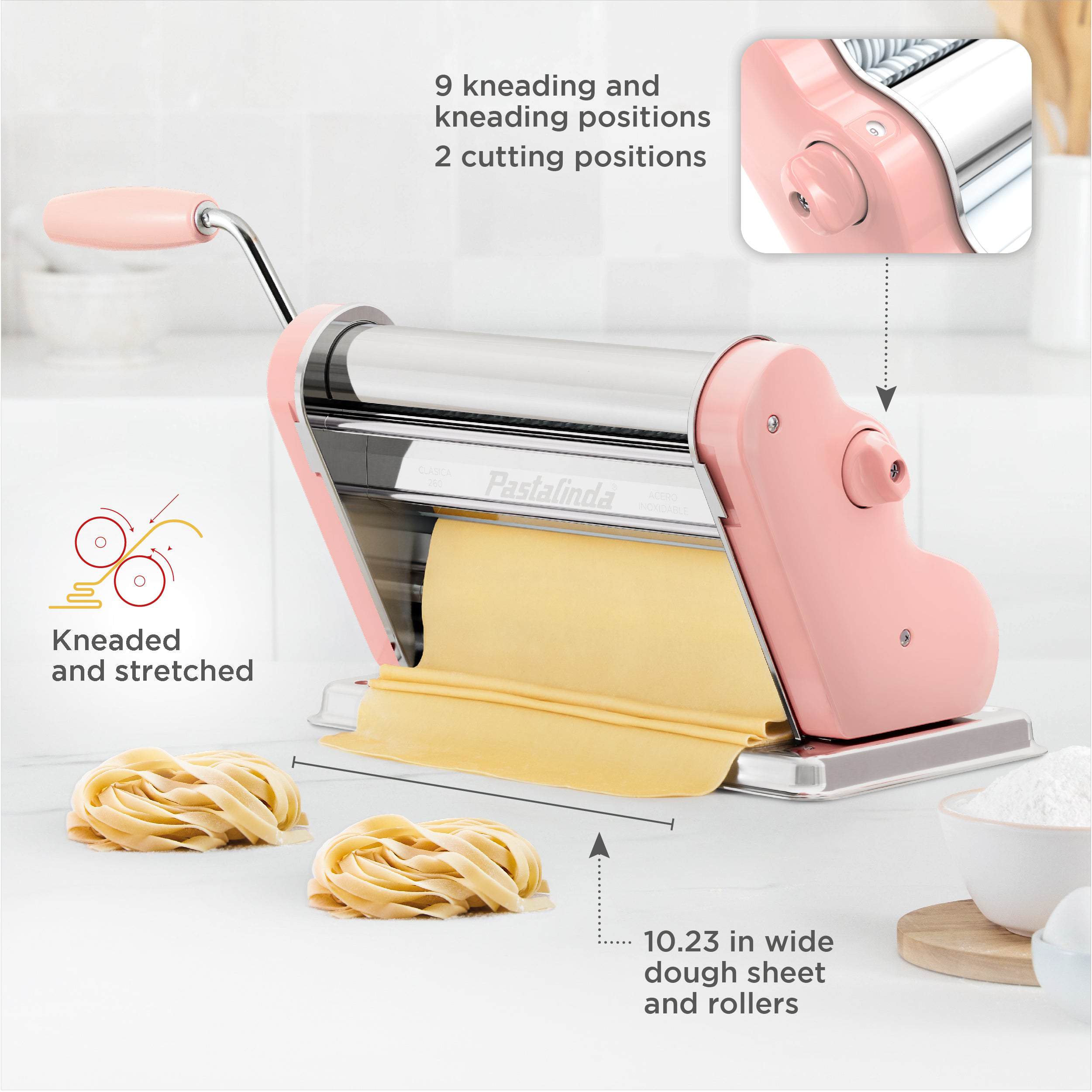 Pastalinda Classic 260 Pink Pasta Maker Machine With Hand Crank And Two Clamps - Pastalinda