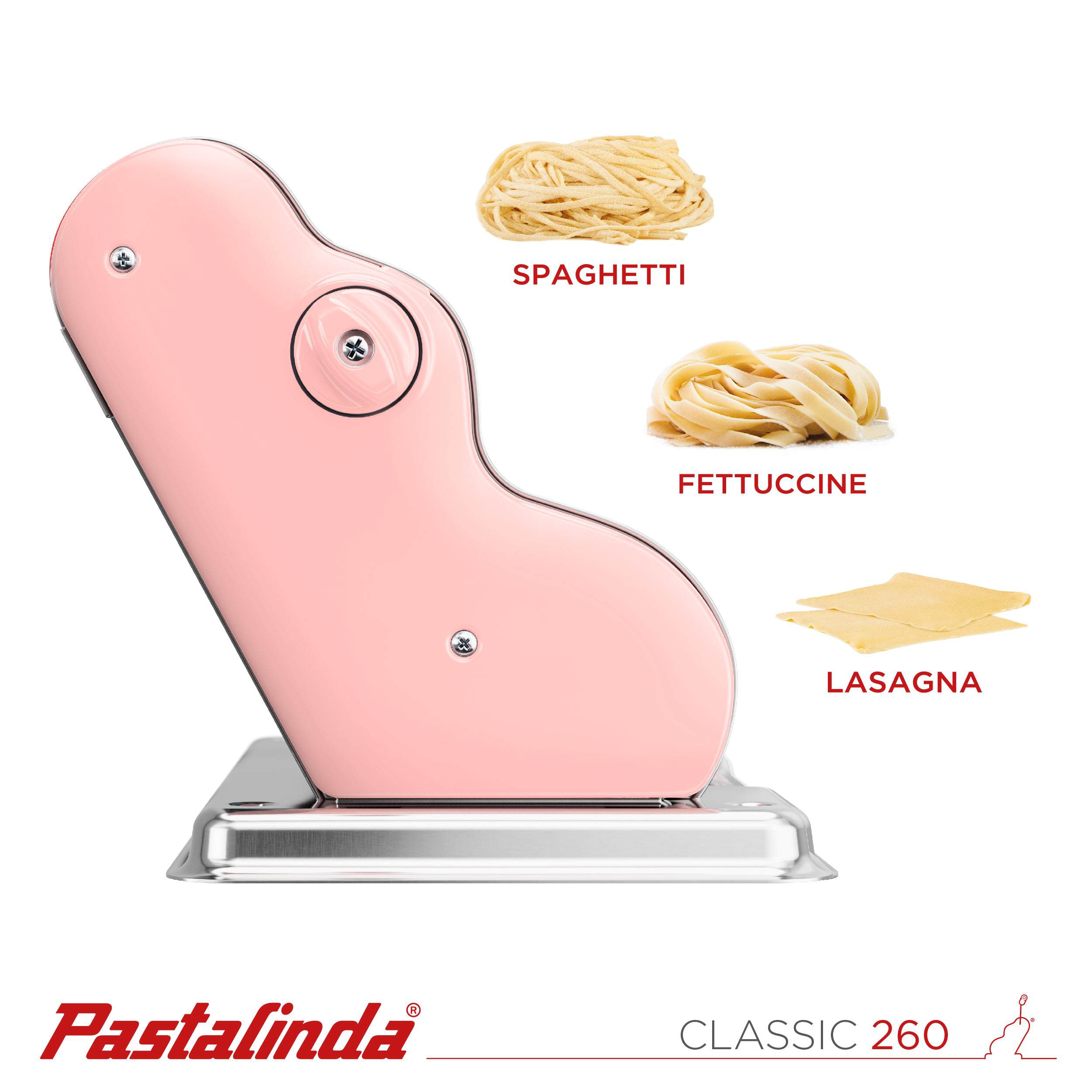 Pastalinda Classic 260 Pink Pasta Maker Machine With Hand Crank And Two Clamps - Pastalinda