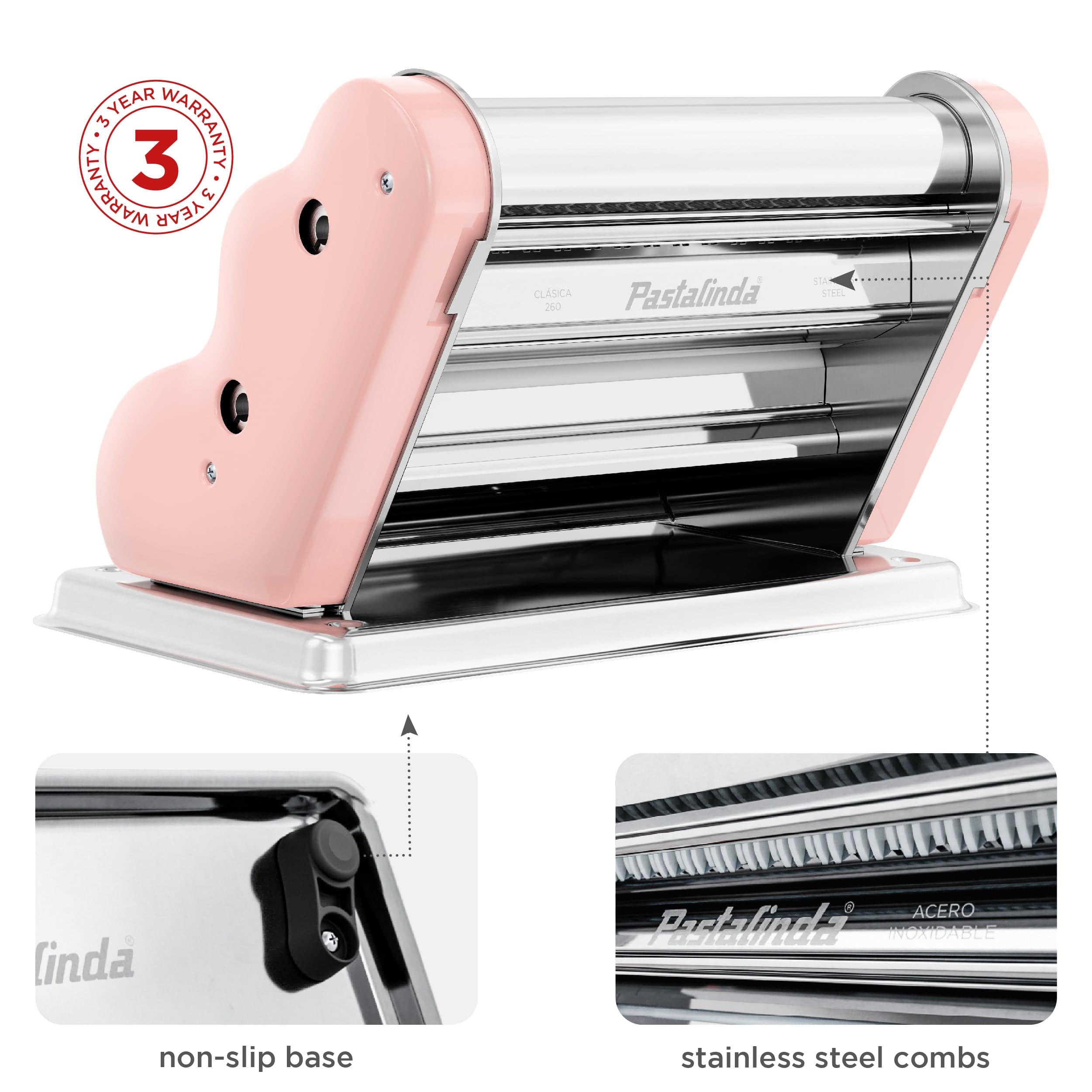 Pastalinda Classic 260 Pink Pasta Maker Machine With Hand Crank And Two Clamps - Pastalinda