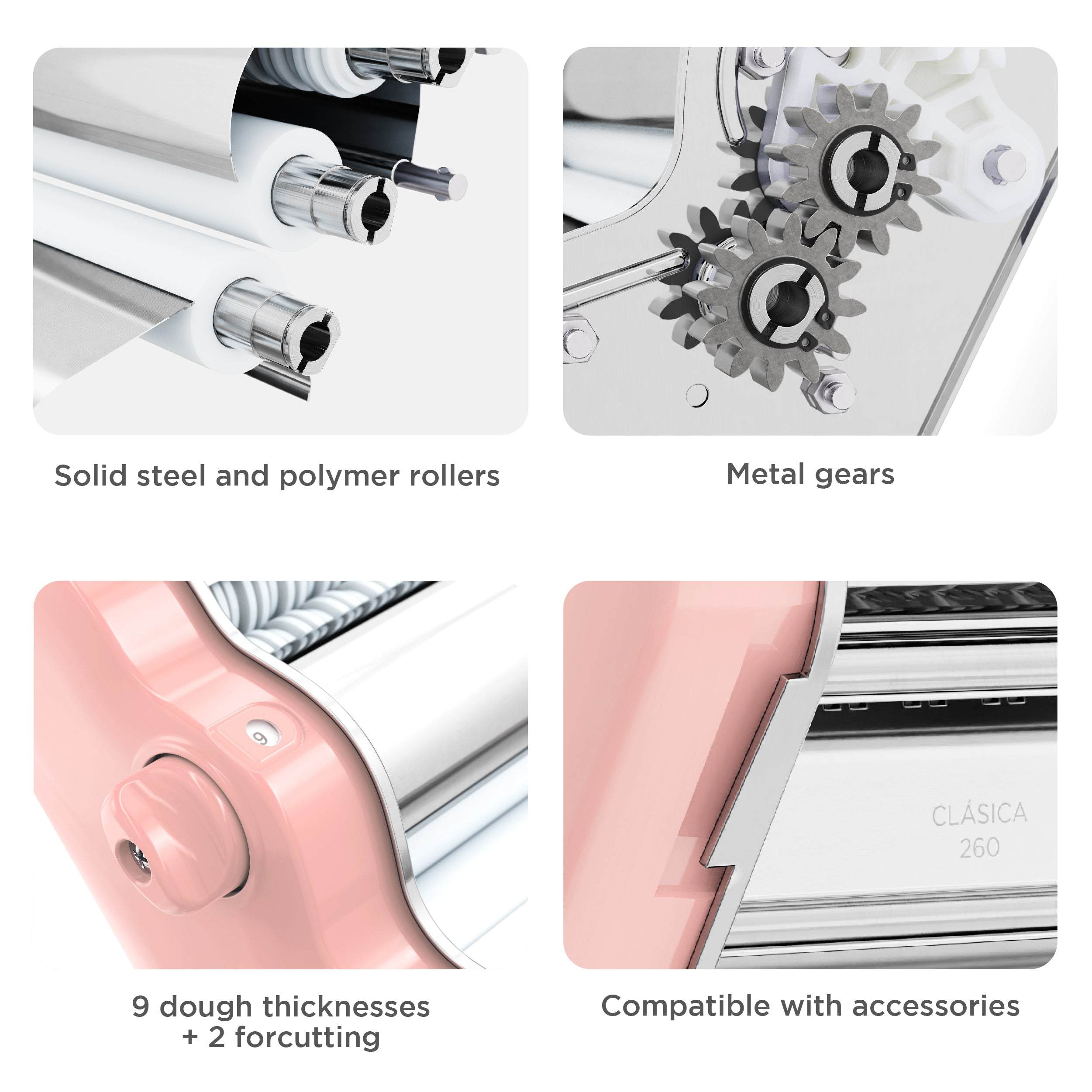 Pastalinda Classic 260 Pink Pasta Maker Machine With Hand Crank And Two Clamps - Pastalinda