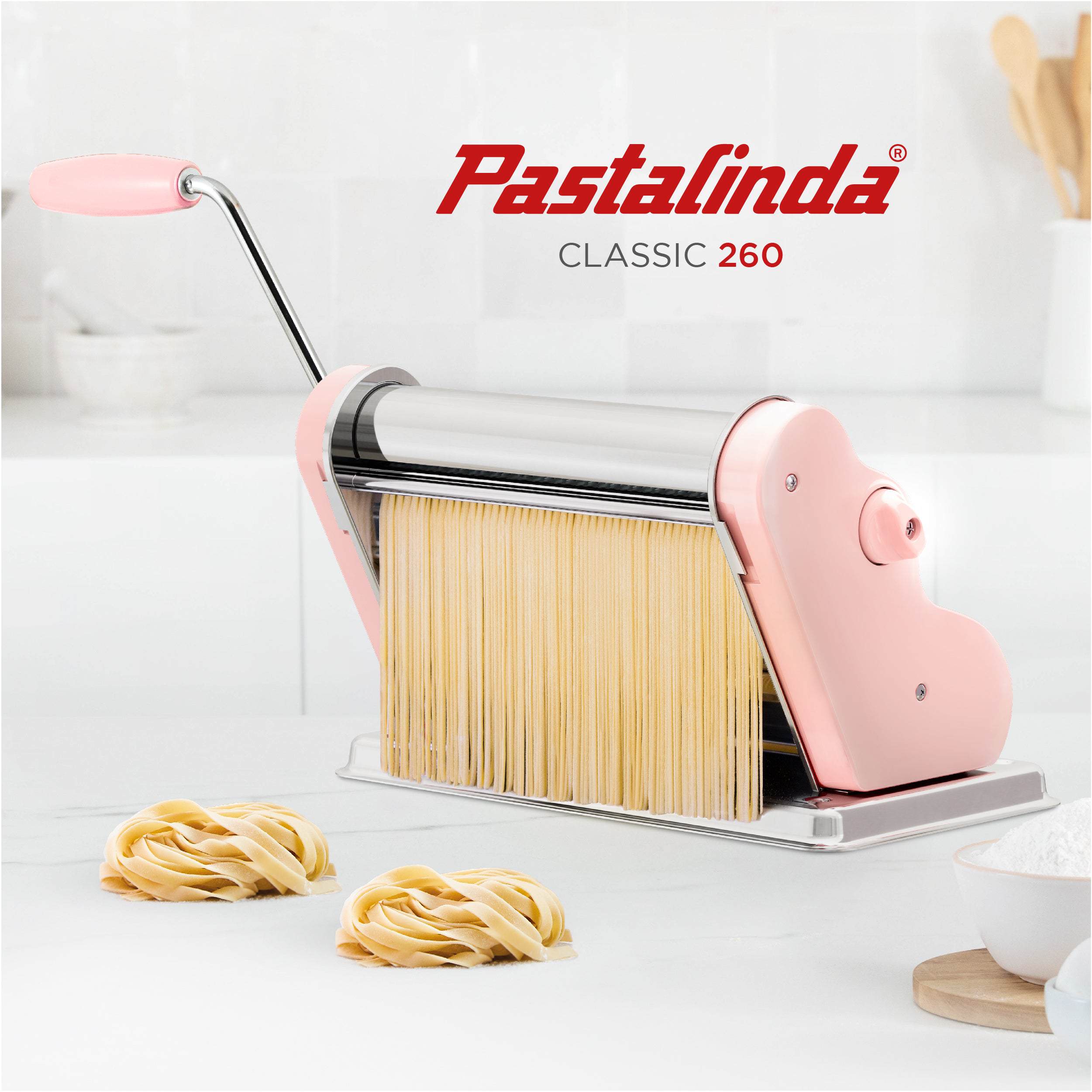 Pastalinda Classic 260 Pink Pasta Maker Machine With Hand Crank And Two Clamps - Pastalinda