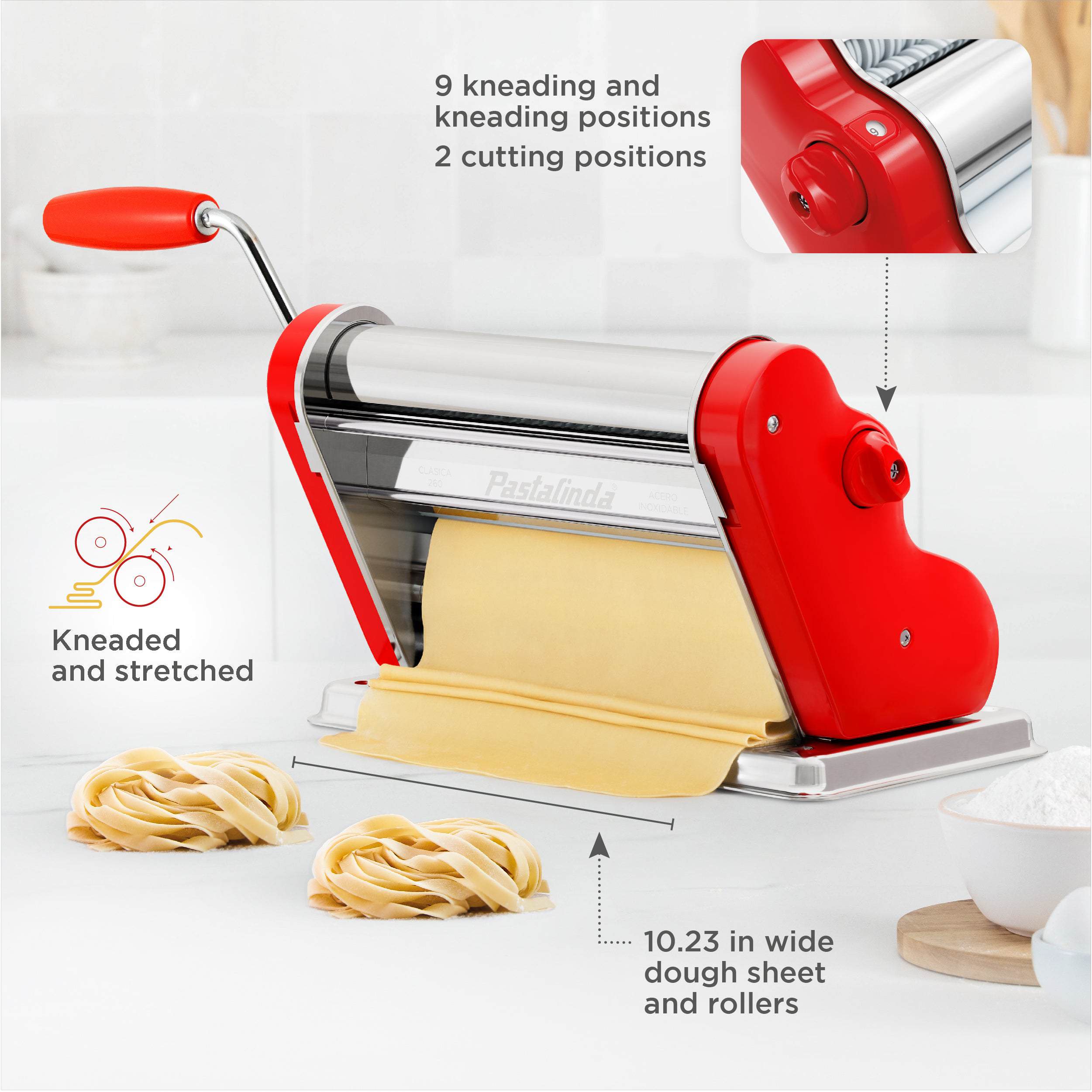 Pastalinda Classic 260 Red Pasta Maker Machine With Hand Crank And Two Clamps - Pastalinda