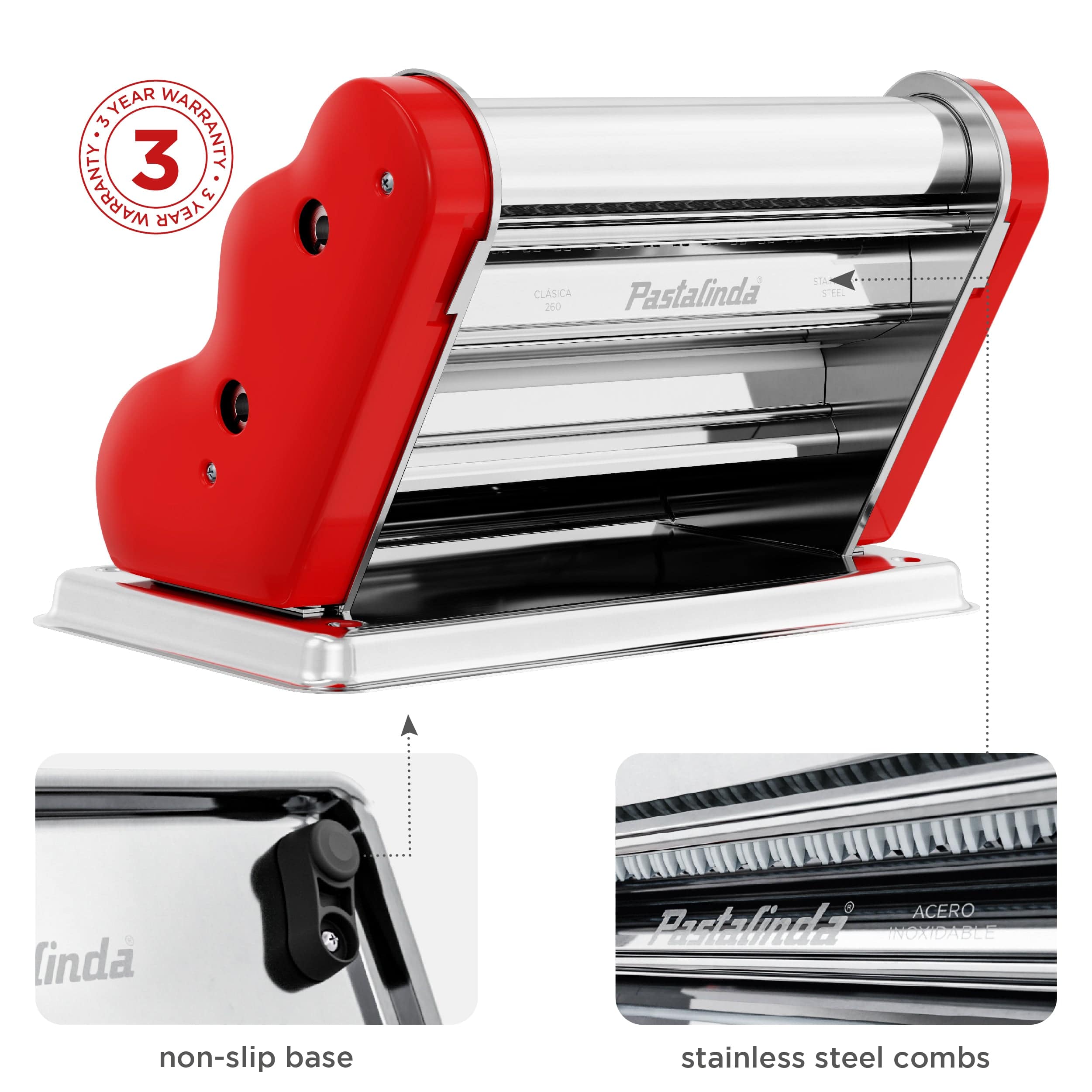Pastalinda Classic 260 Red Pasta Maker Machine With Hand Crank And Two Clamps - Pastalinda