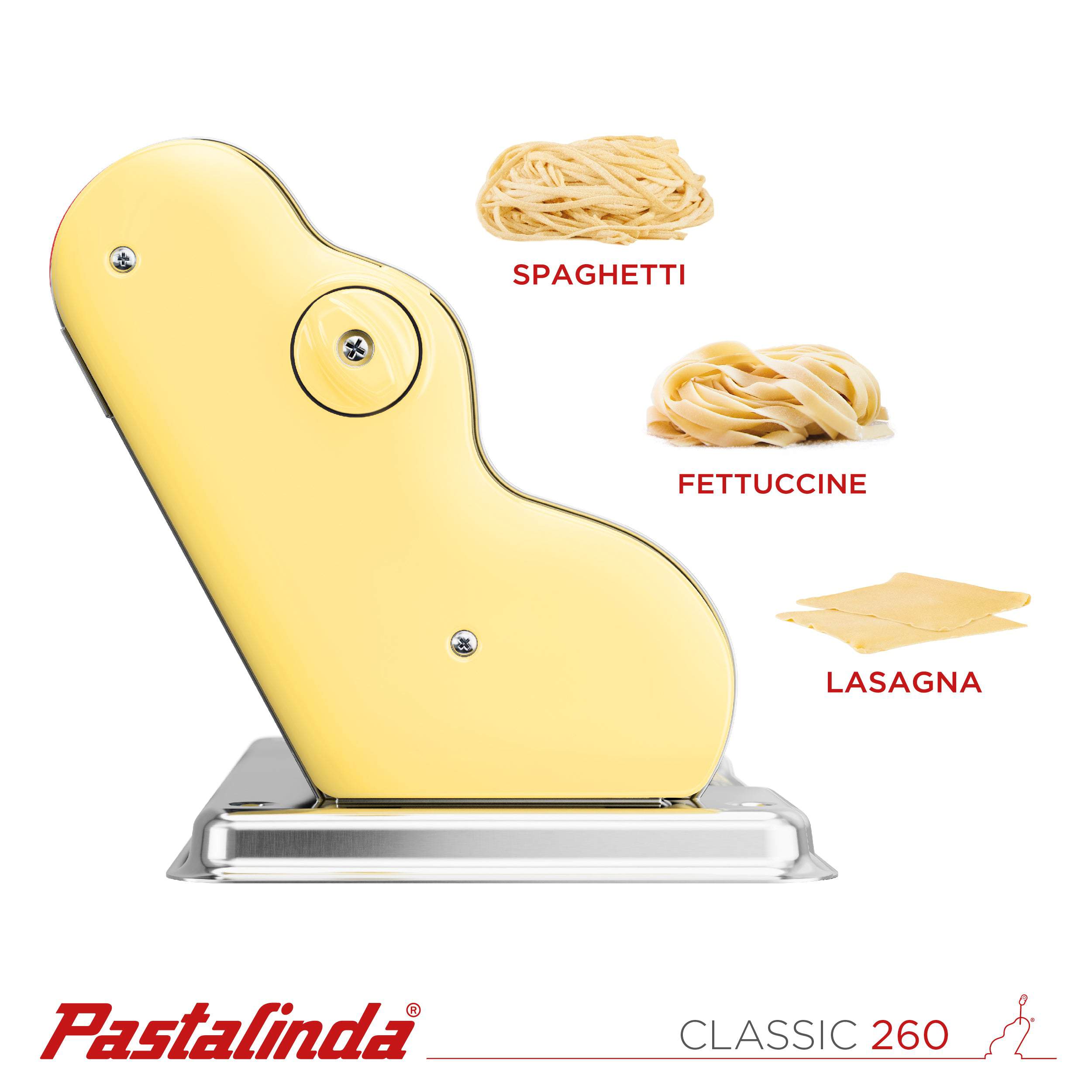 Pastalinda Classic 260 Yellow Pasta Maker Machine With Hand Crank And Two Clamps - Pastalinda
