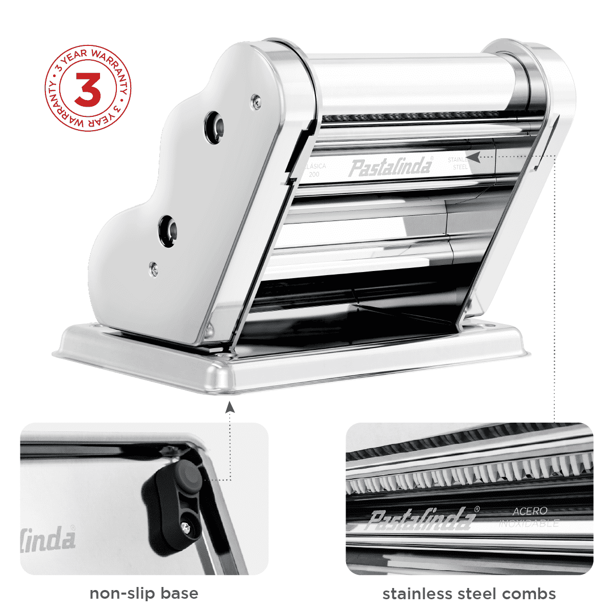 Pastalinda Classic 200 Chrome Pasta Maker Machine With Hand Crank And Two Clamps - Pastalinda