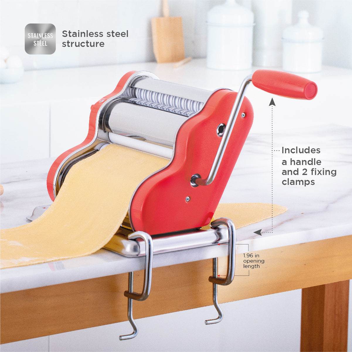 Pastalinda Classic 200 Coral Pasta Maker Machine With Hand Crank And Two Clamps - Pastalinda