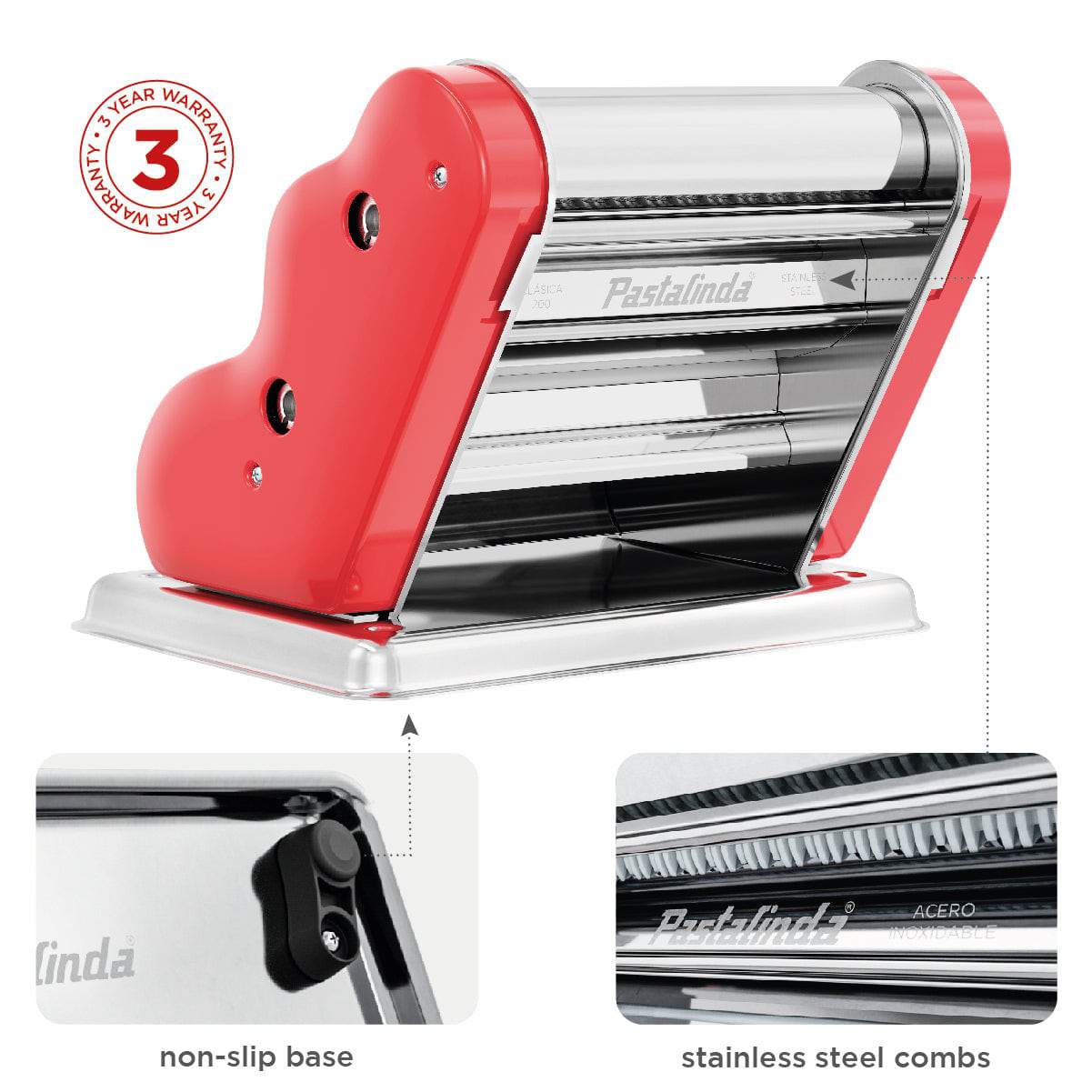 Pastalinda Classic 200 Coral Pasta Maker Machine With Hand Crank And Two Clamps - Pastalinda