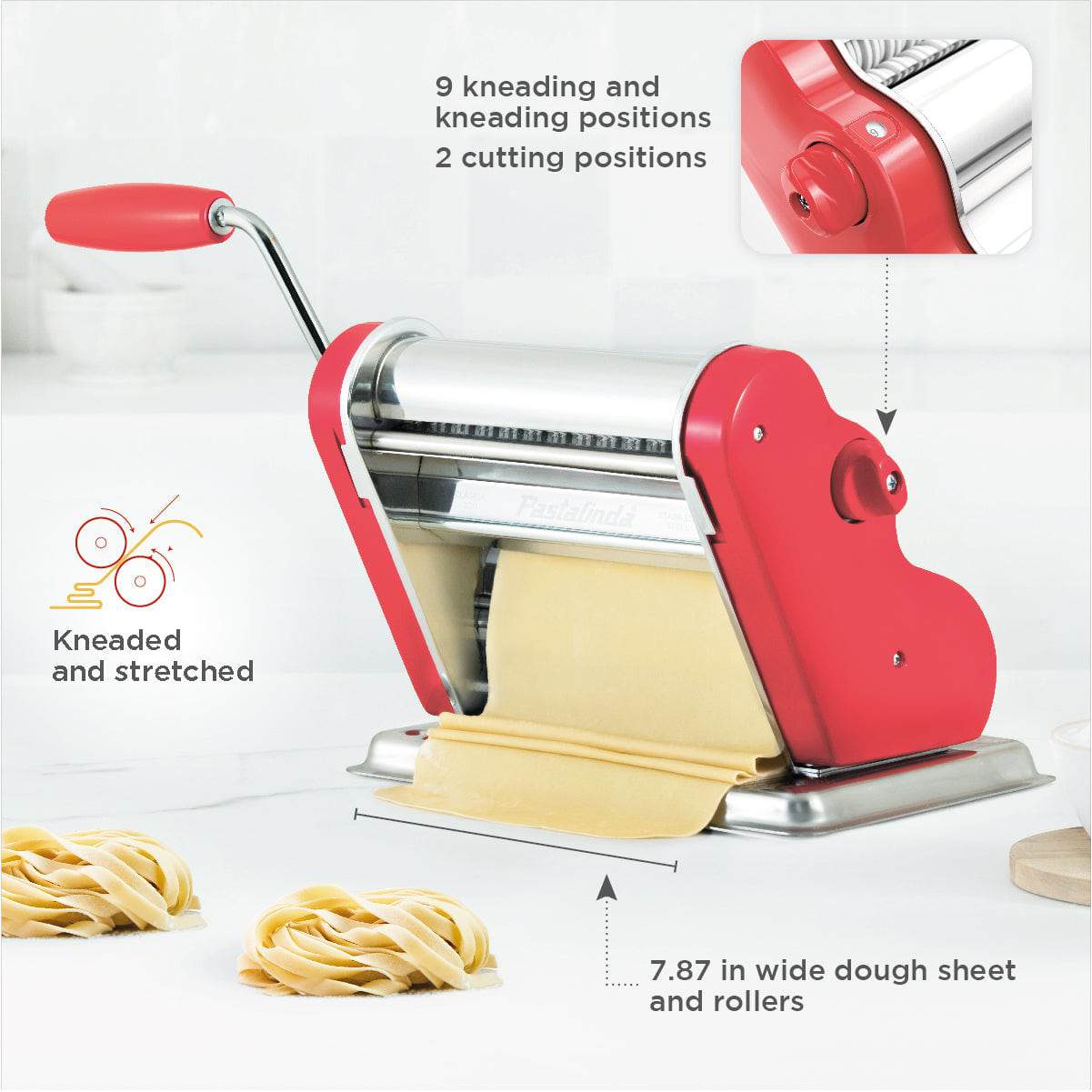 Pastalinda Classic 200 Coral Pasta Maker Machine With Hand Crank And Two Clamps - Pastalinda