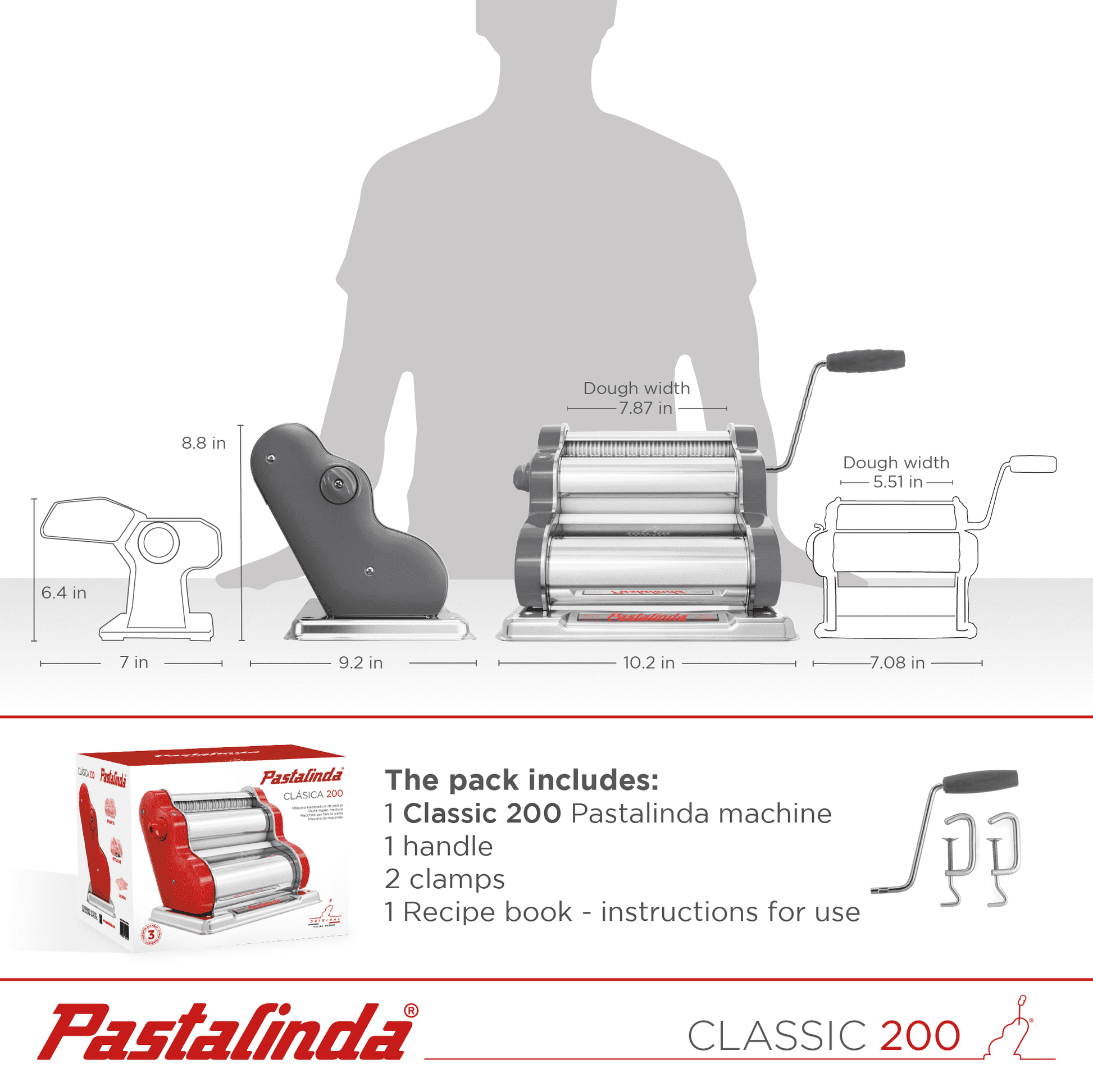 Pastalinda Classic 260 White Pasta Maker Machine with Hand Crank and Two Clamps