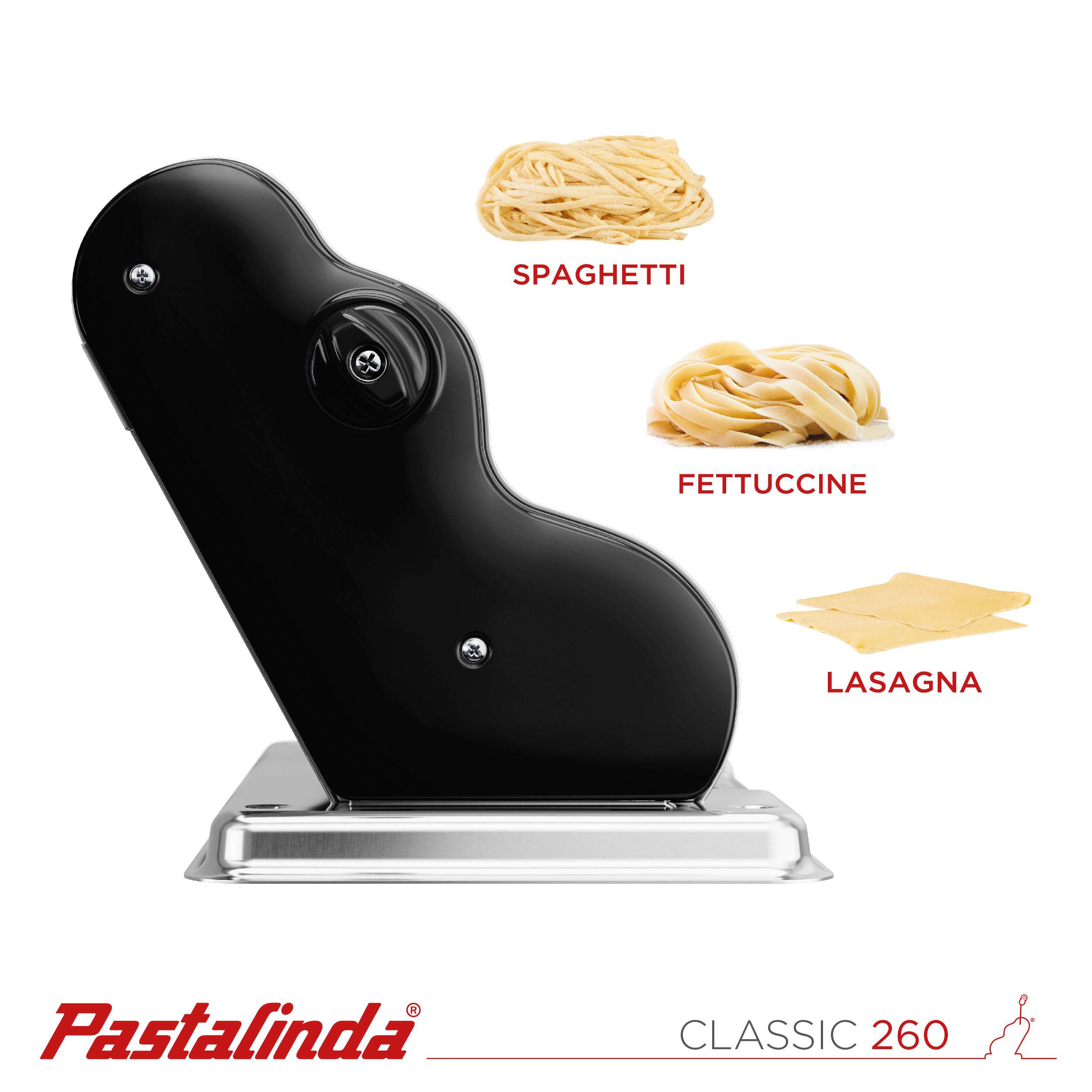 Pastalinda Classic 260 Black Pasta Maker Machine With Hand Crank And Two Clamps - Pastalinda