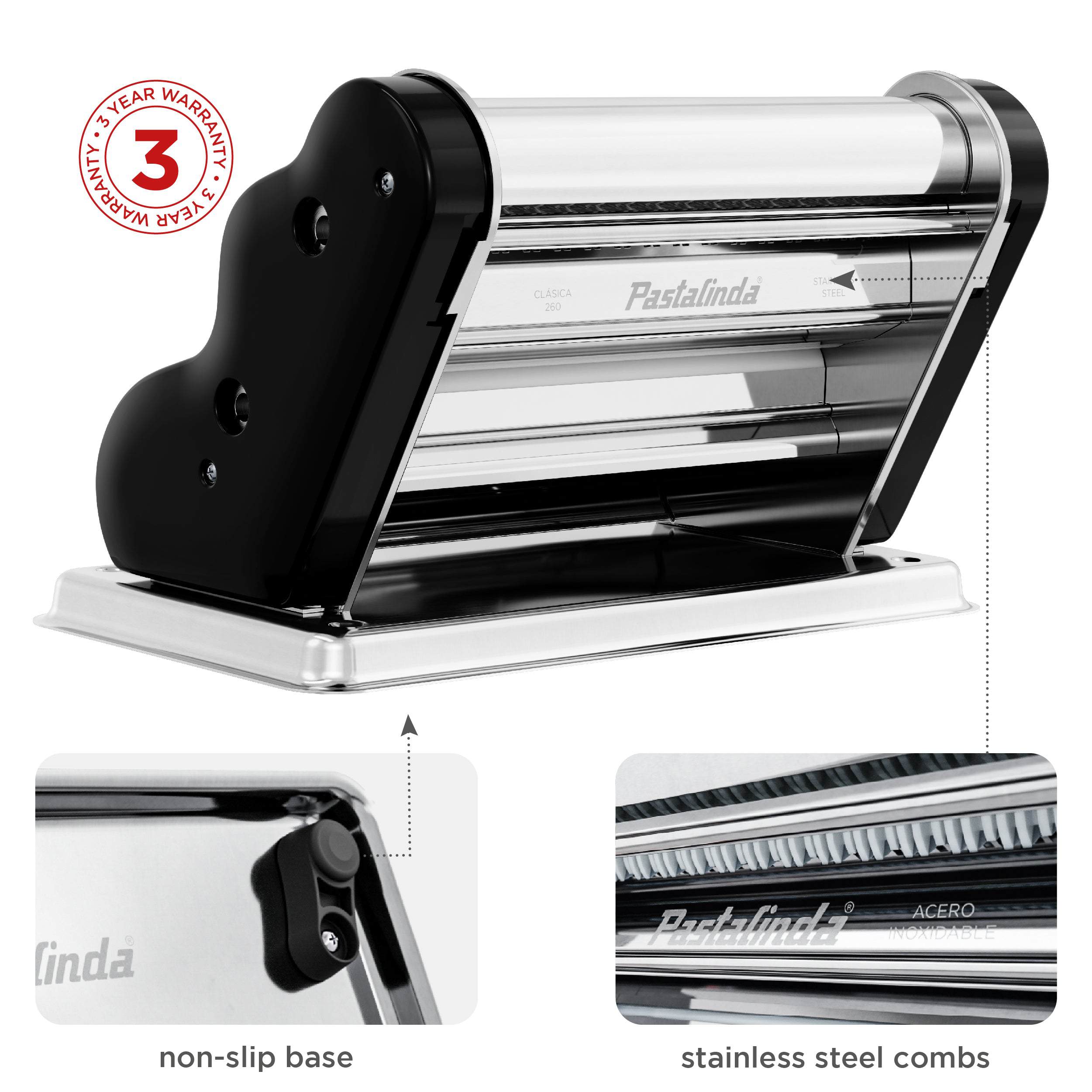 Pastalinda Classic 260 Black Pasta Maker Machine With Hand Crank And Two Clamps - Pastalinda