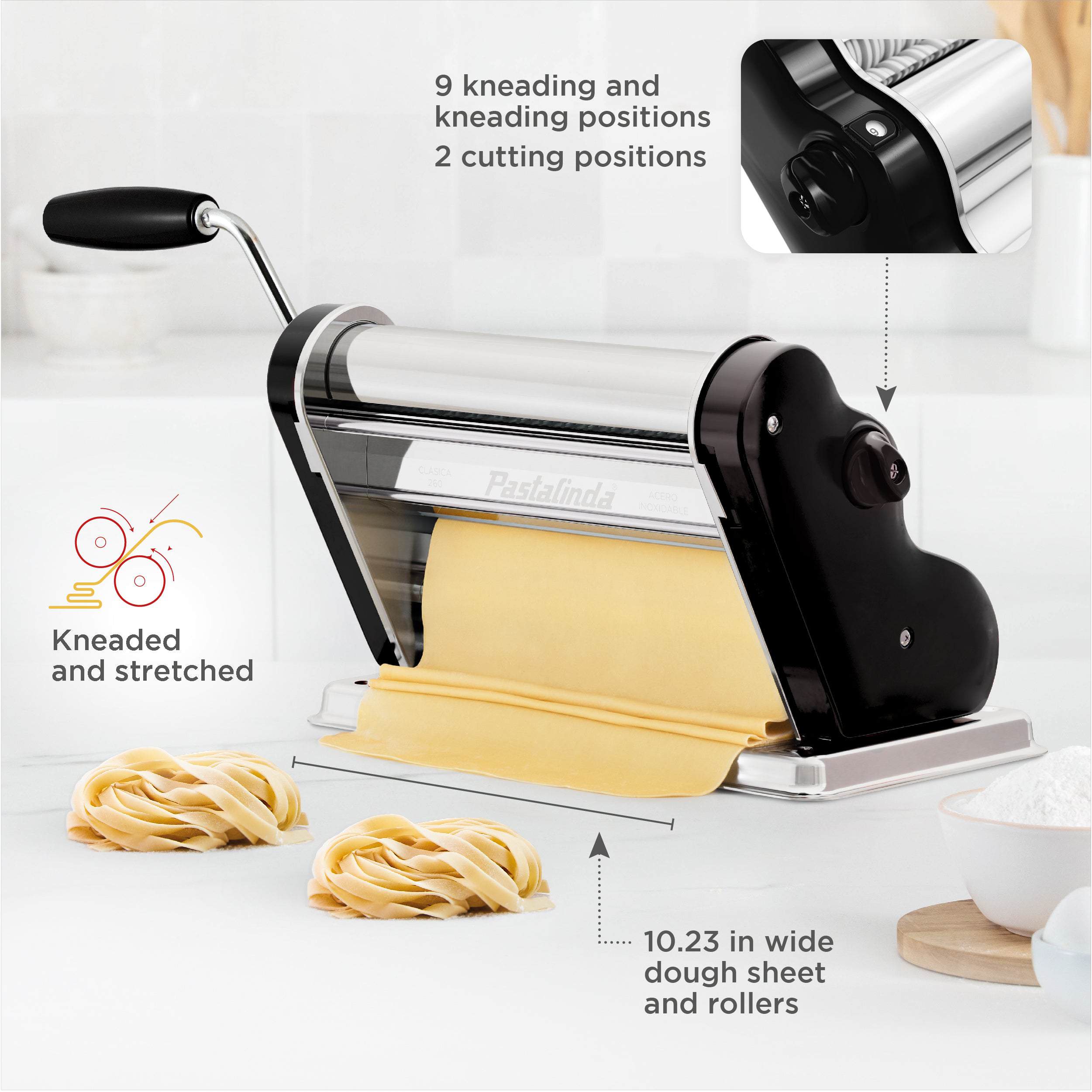 Pastalinda Classic 260 Black Pasta Maker Machine With Hand Crank And Two Clamps - Pastalinda