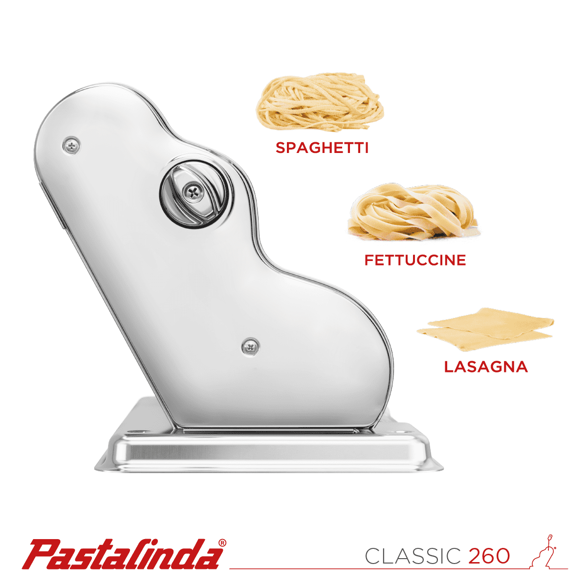 Pastalinda Classic 260 Chrome Pasta Maker Machine With Hand Crank And Two Clamps - Pastalinda