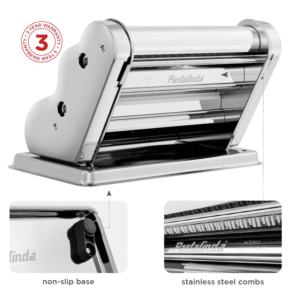 Pastalinda Classic 260 Chrome Pasta Maker Machine With Hand Crank And Two Clamps - Pastalinda